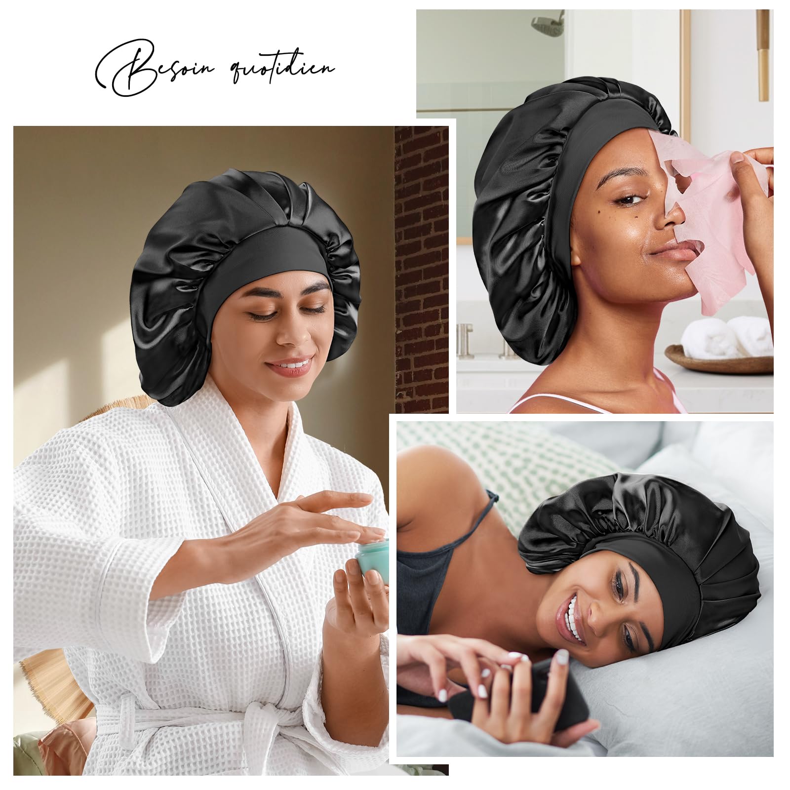 Umisleep Bonnet Soie Cheveux Nuit avec Doublure Soie de mûrier 22 Momme – Double Couche, Grande Taille pour Cheveux Longs ou bouclés, Bande Large réglable, Ultra-Doux, Noir+Violet