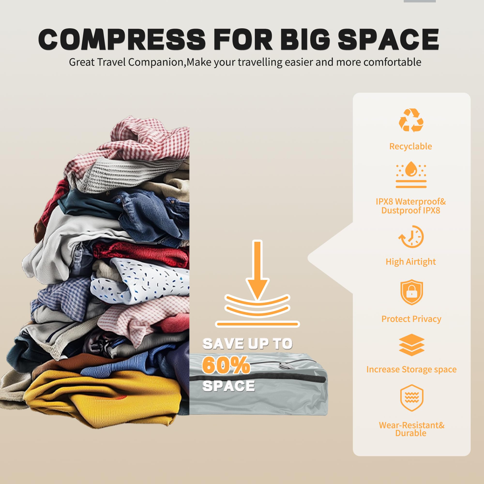 EULANT TPU Bolsas de Vacío de Ropa para Viaje con Bomba, Cubos de Embalaje de Compresión Reutilizable para Maletas/Equipaje/Mochila, Bolsas de Sellado al Vacío con Cremallera IPX8, Impermeable/Ahorra