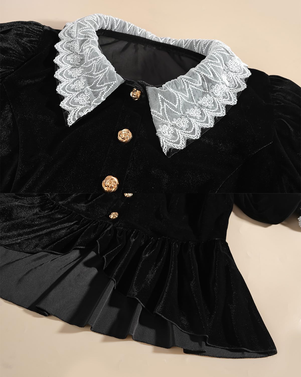 FCCAM Velvet Victorian Dress for Women Black 2-Piece 1800s Edwardian Dresses Costume with Pockets M - Image 5