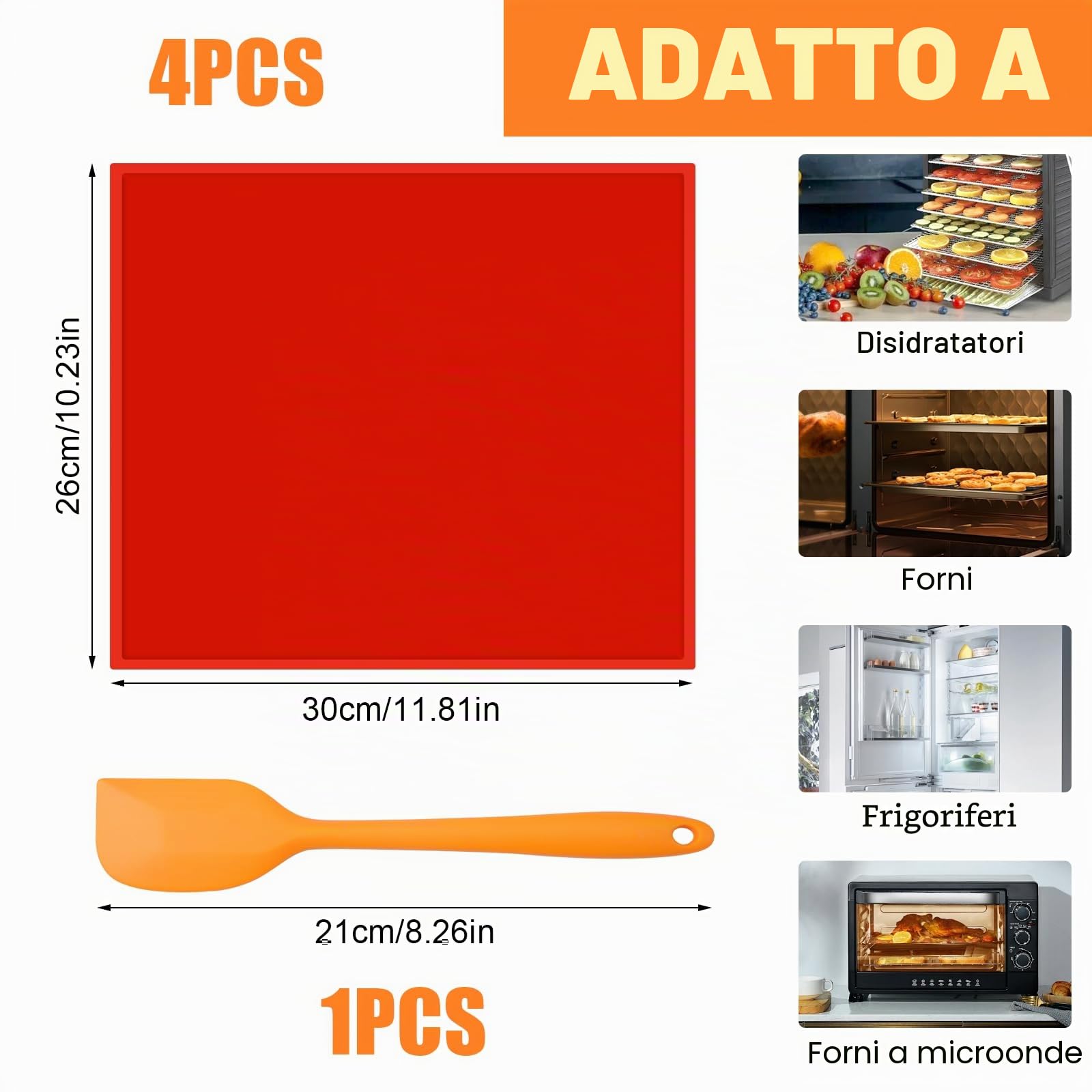 4 Pezzi Fogli Disidratatore in Silicone con Bordo | 30 x 26cm Tappetini Disidratatori In Silicone, Tappetino da Forno per Rotolo con Raschietto, per Fare Rotoli Torta