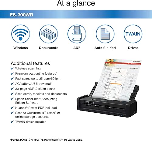 Miniatura 3 de Epson ES-300WR Escáner de documentos dúplex portátil a color inalámbrico Edición contable para PC y Mac, alimentador automático de documentos (ADF)