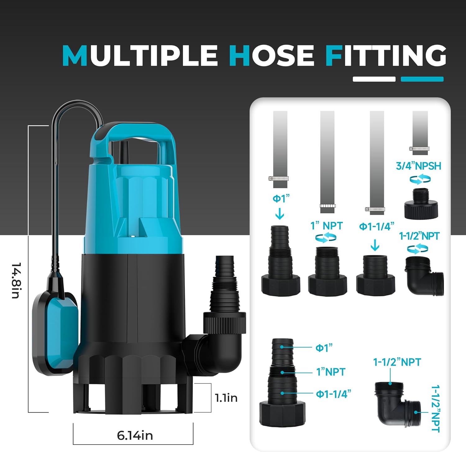 1.3HP Sump Pump 5280GPH Submersible Water Pump with Float Switch, Submersible Utility Pumps Removal for Pools, Basement Flooding, Garden Pond Low Water Level with 20ft Power Cord