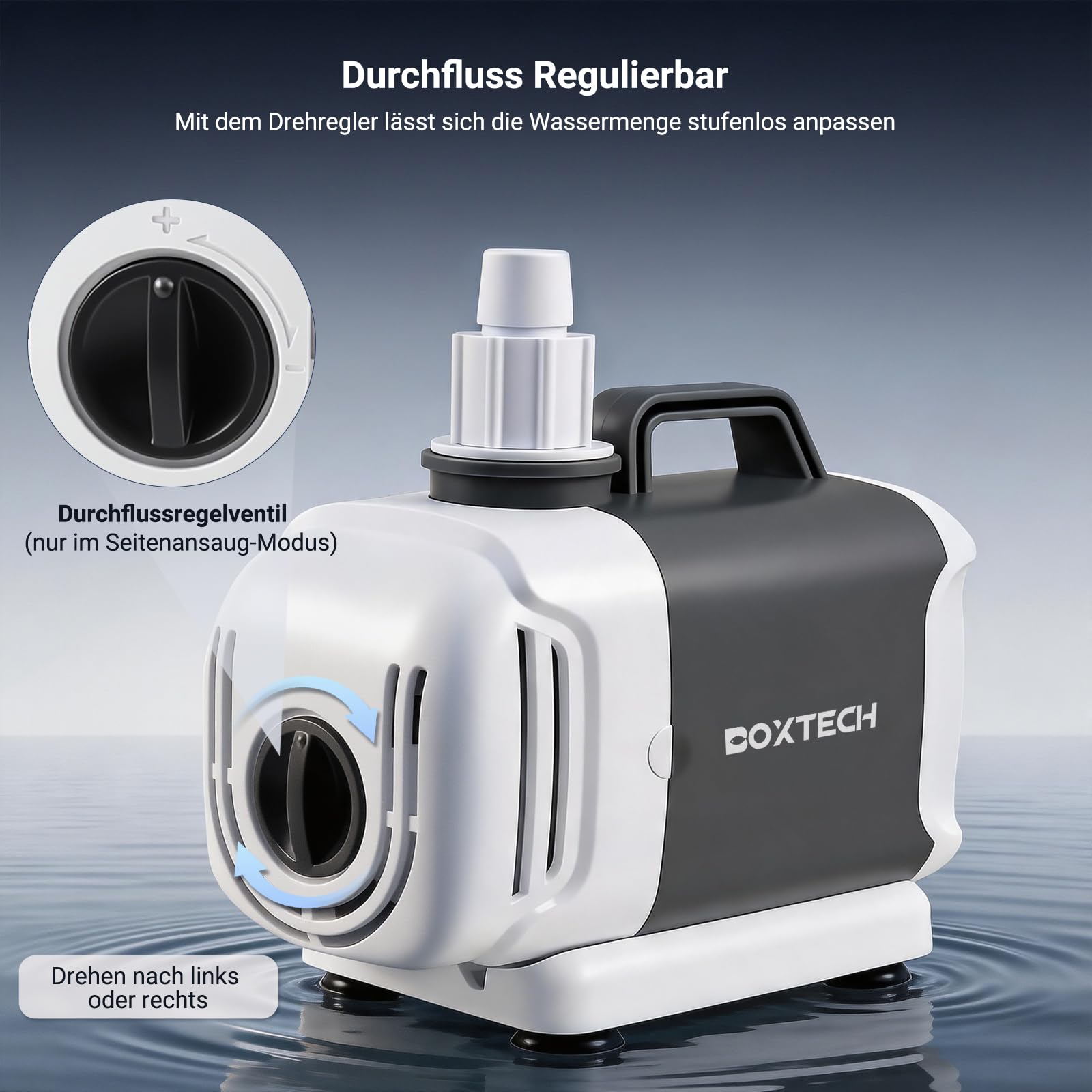 Boxtech Pompa per laghetto da 55 W, 3500 l/h – Pompa per acqua sporca con regolazione del flusso, aspirazione a terra 3 in 1, motore in rame puro, albero in ceramica, per giardino e ruscelli e
