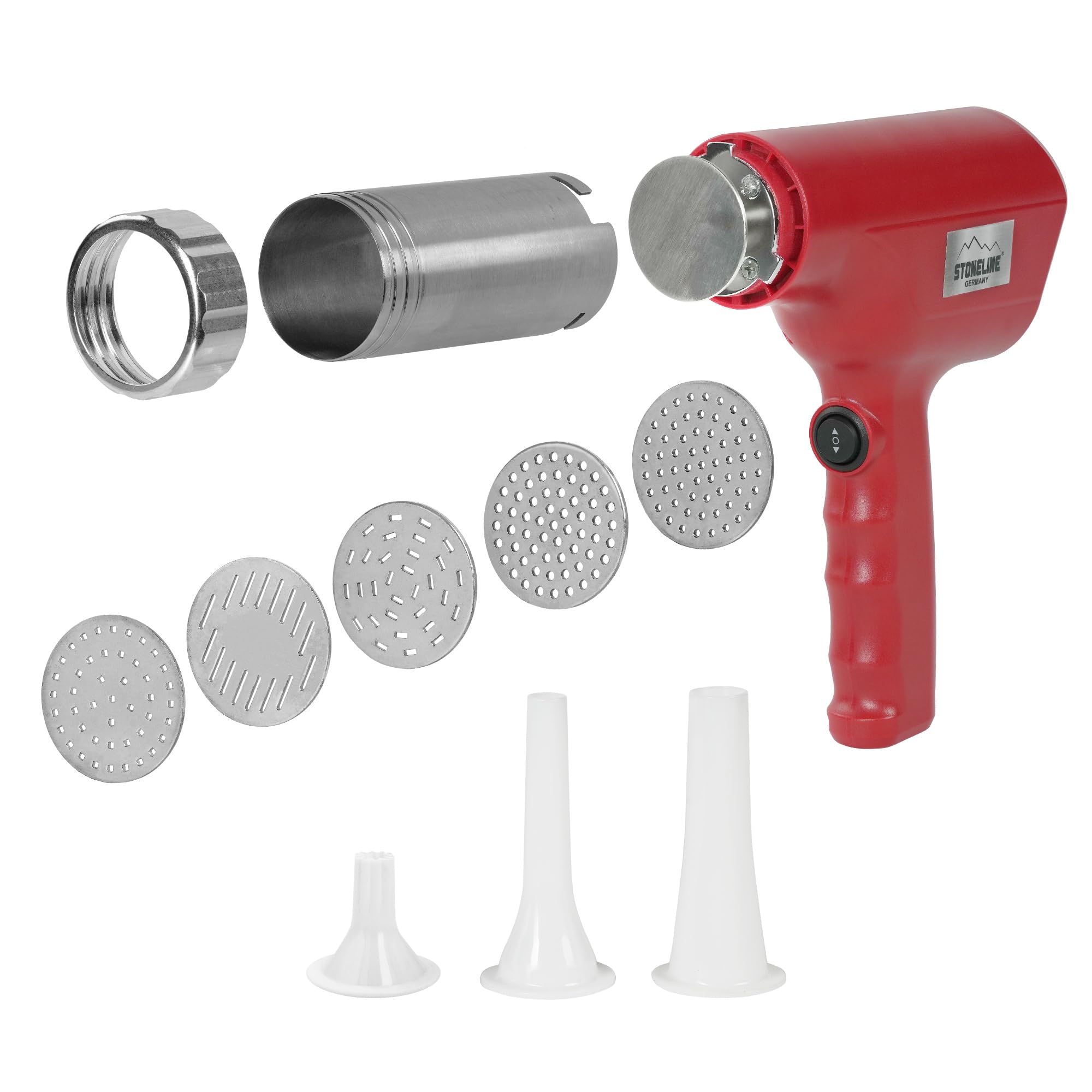 STONELINE Máquina de Pasta Eléctrica de Mano, Recargable USB 3000mAh 40 W, Máquina para hacer Pasta automática, con 8 Accesorios para Pasta Fresca Espaguetis Ñoquis Galletas Churros, Acero inoxidable,