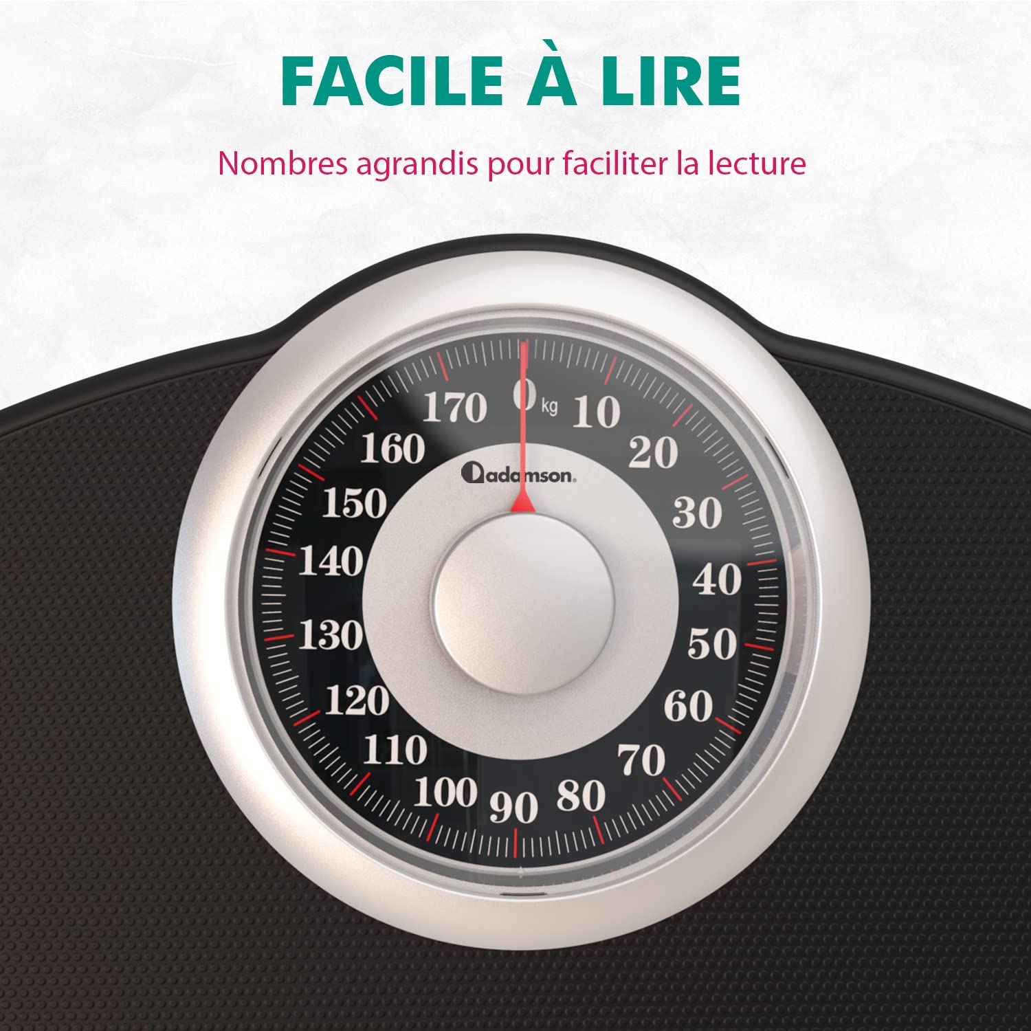 Adamson A25 Pèse-Personne Pour Poids Corporel - Jusqu’à 180 KG - Cadran 5,3” Sur Plateforme 31x30 CM - Surface en Caoutchouc Antidérapant - Pèse-Personne Analogique - Durable Avec 20 Ans de Garantie