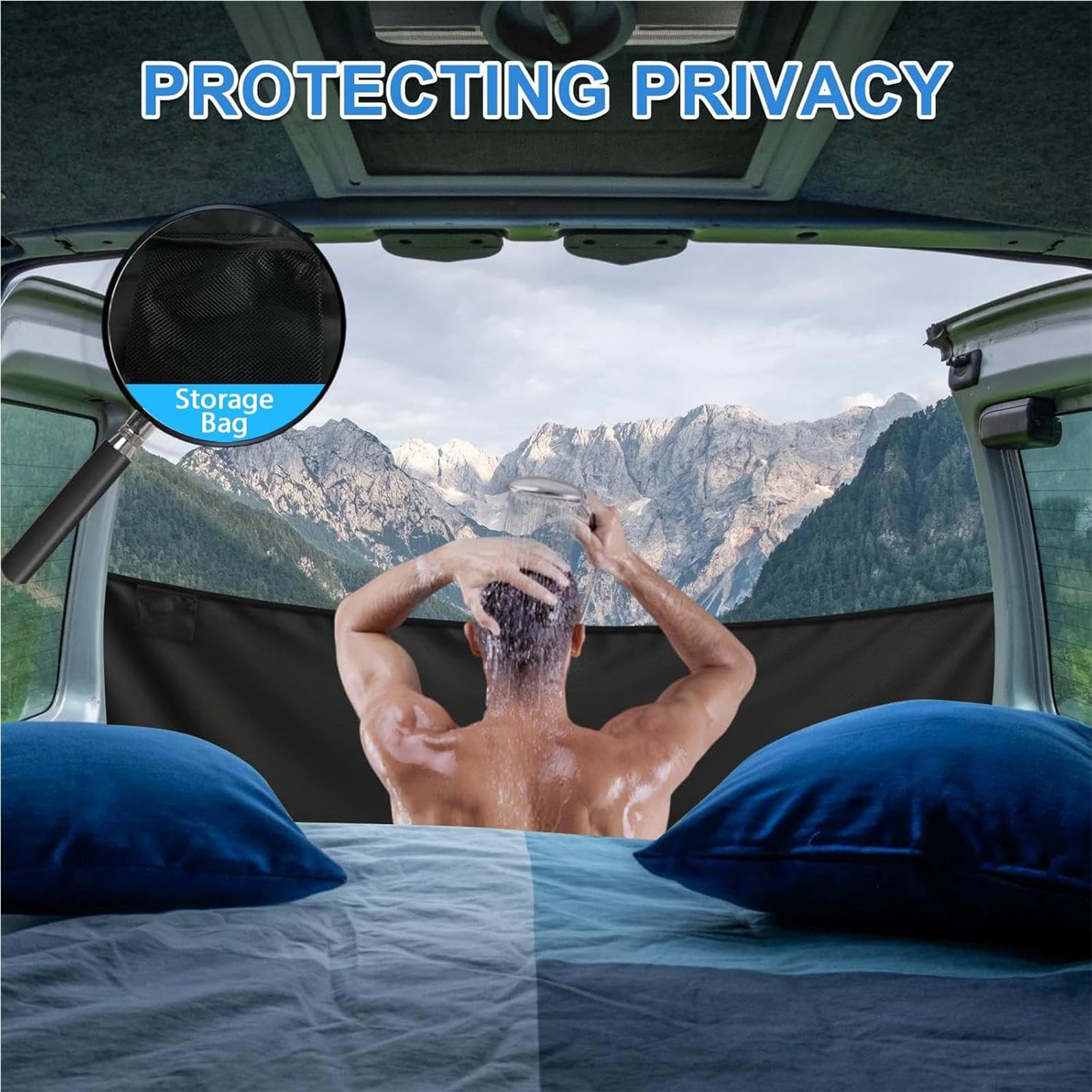 Rideau de Douche pour Hayon Fourgon Van, Cabine Extérieure Intimité Double Face, Tente Camping-Car Magnétique Imperméable en Tissu Oxford 600D sans Perçage, Portable avec Sac