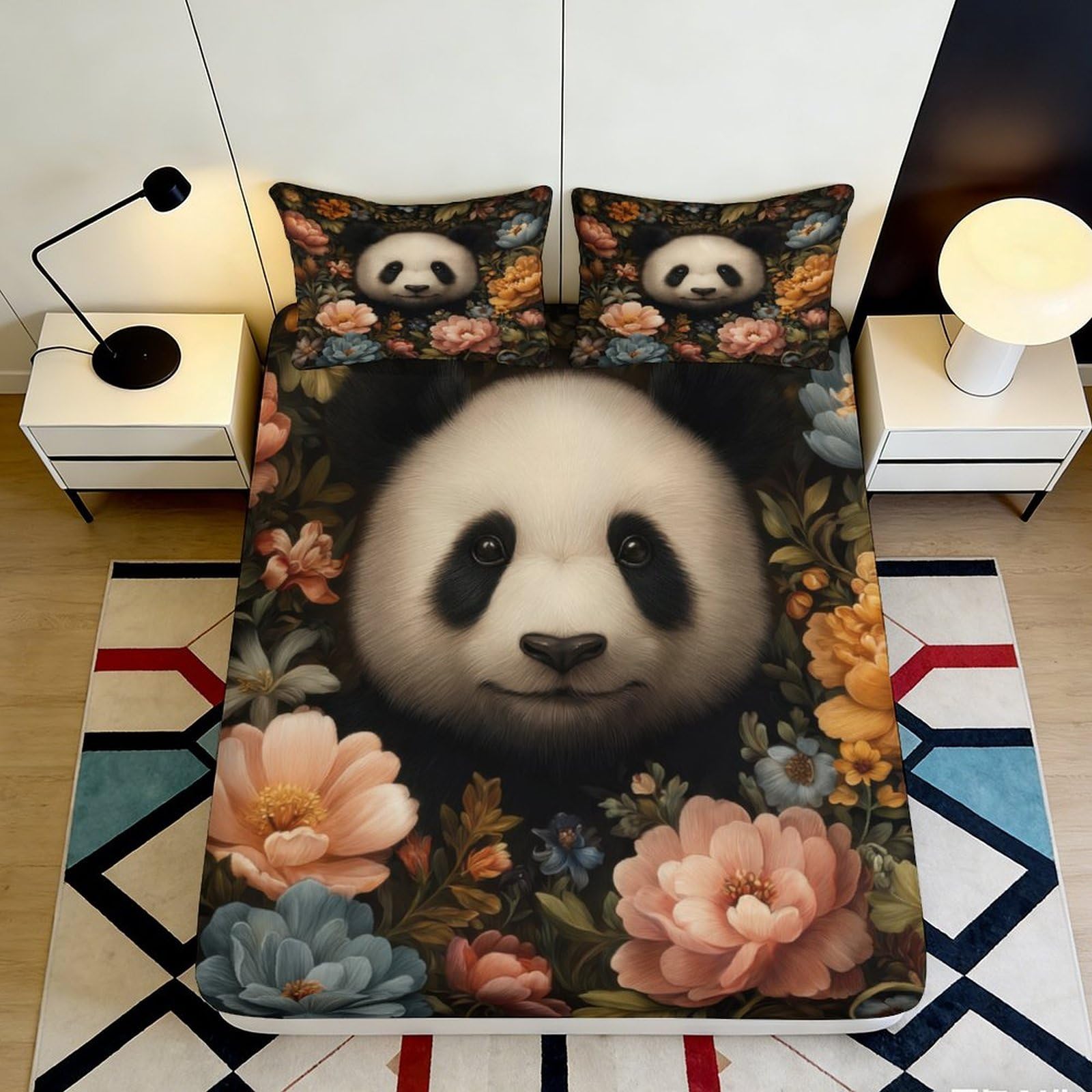 3D Printed Panda Floral Fitted Sheet Microfiber Deep Pocket Non-Slip Bedroom Bedding Panda Mattress Fitted Cover Washable 140x200x25cm