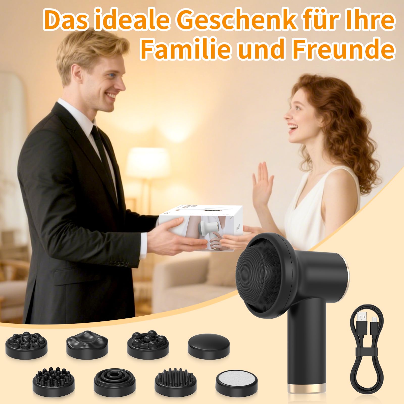 Kabelloses Anti-Cellulite Massagegerät mit 9 Vibrationsstufen & 8 Köpfen, Wiederaufladbar Handmassagegerät für Arme - Hautstraffung, Cellulite-Reduktion & Blutzirkulation - Schwarz