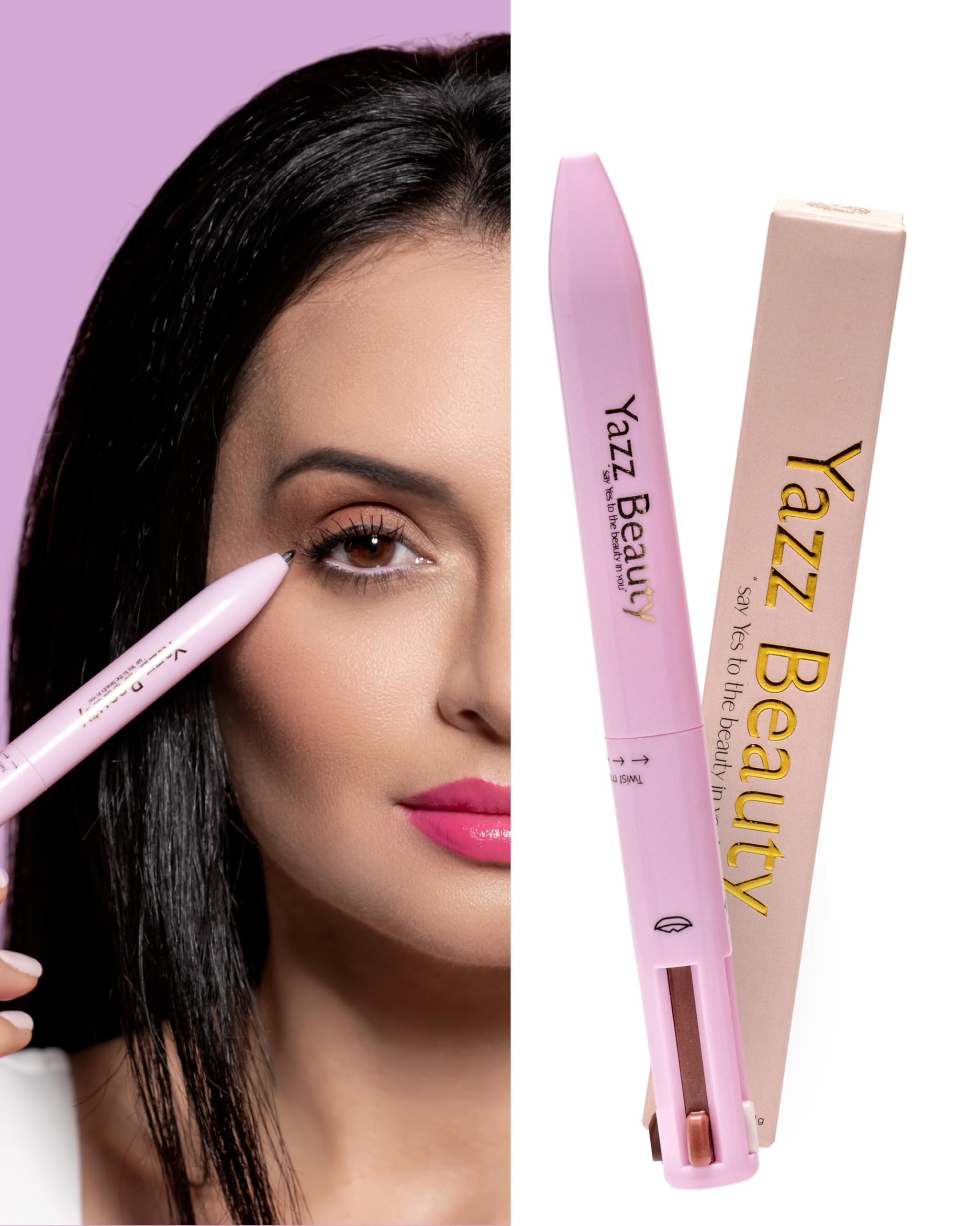 Lápiz de retoque de maquillaje 4 en 1 con delineador de labios rosa intenso, delineador de ojos negro, lápiz de cejas marrón oscuro e iluminador blanco brillante, bolígrafo de belleza 3