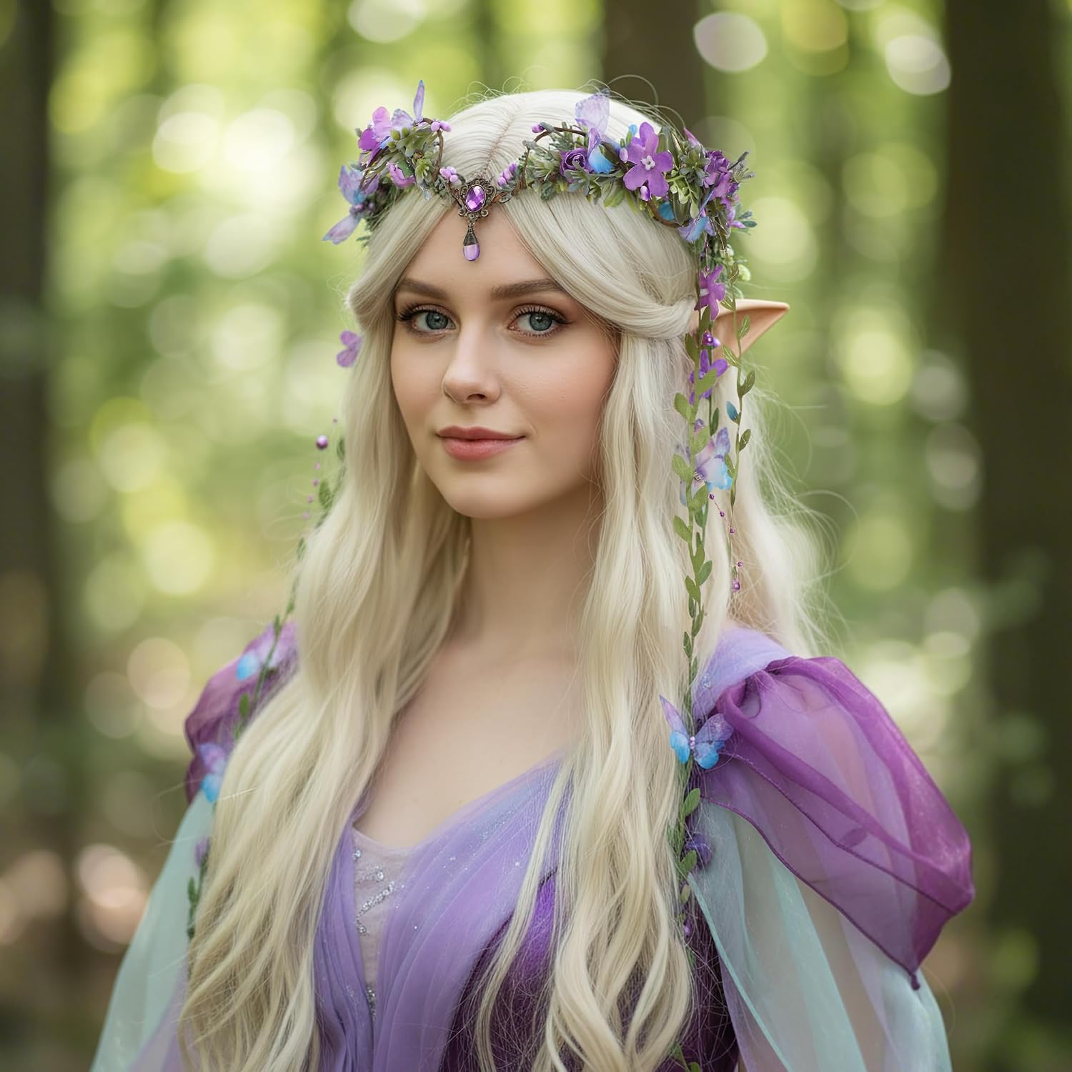 MOSTORY Woodland Flower Fairy Headpiece - Floral Elf Crown with Butterflies for Fairy Accessories Women Renaissance Cosplay