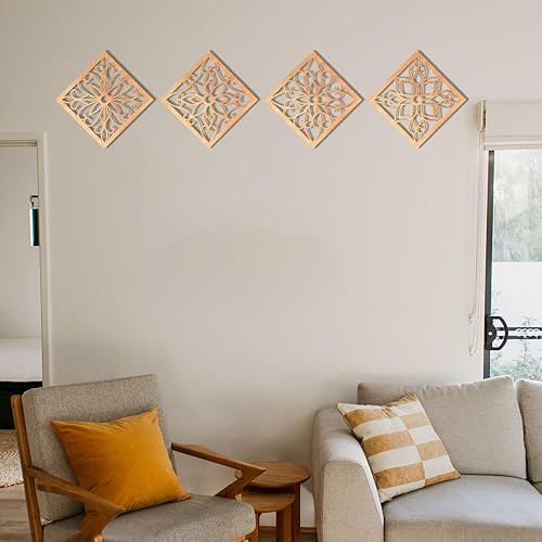 Miniatura 7 de KOYILTD 4 piezas gruesas de decoración de pared rústica, arte de pared tallado con flores, diseño hueco de madera tallada (cuadrado, 10 pulgadas)