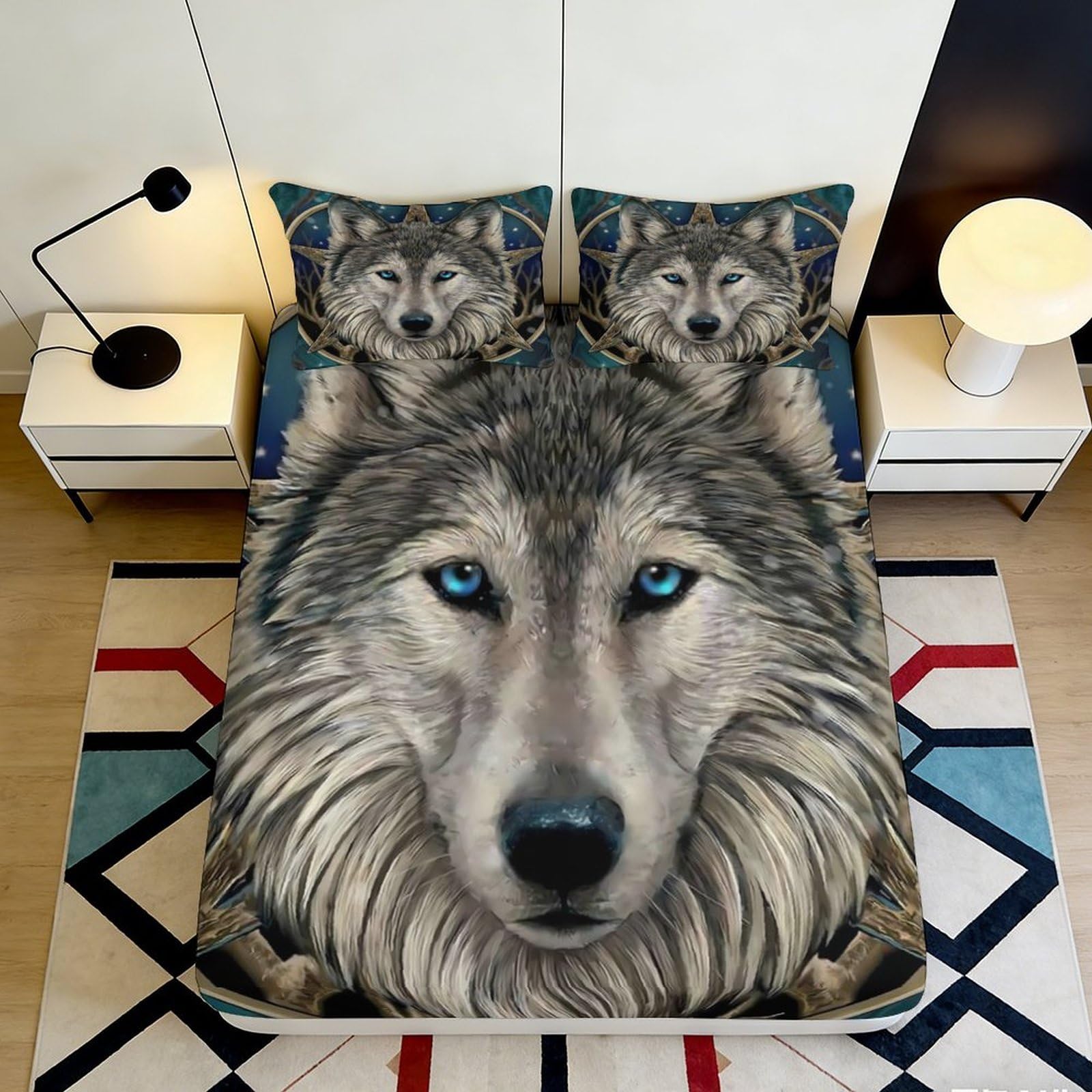 3D Printed Wolf Blue Eyes Fitted Sheet Microfiber Soft Breathable Forest Animal Mattress Cover for Bedroom Dorm Decor 90x200x25cm