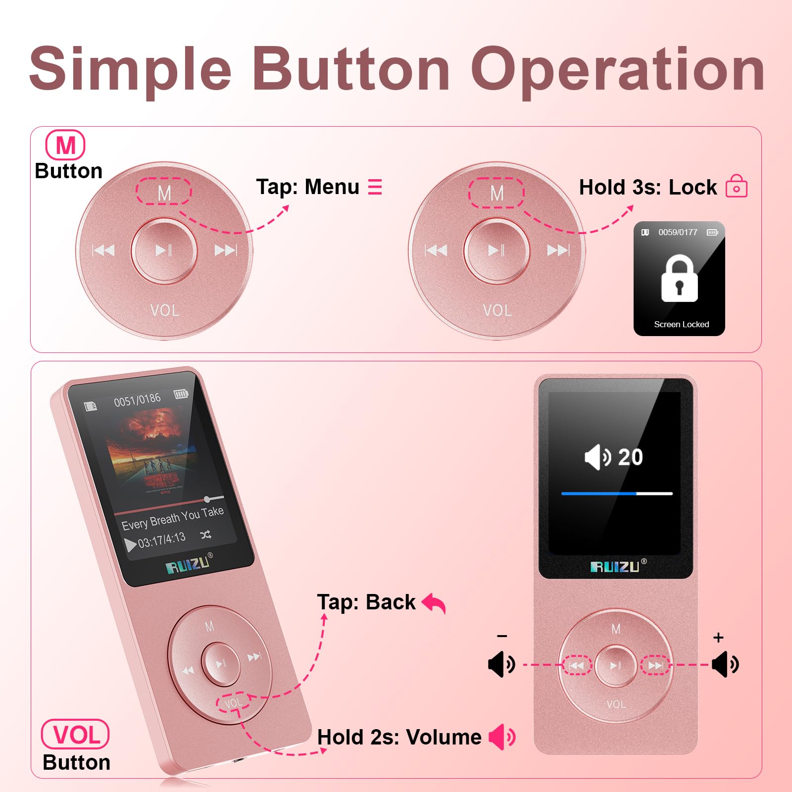 RUIZU Lettore MP3 64GB Bluetooth 5.3 Portatile con Tasti Fisici