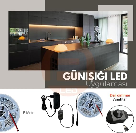 5 Meters Daylight Strip Led Flip Switch Plug Run Ready Set Adapter Included, On-Off, Brightness Adjustable, Kitchen, Countertop, Cabinet interior, Mirror, TV Unit Lighting [Energy Class A]