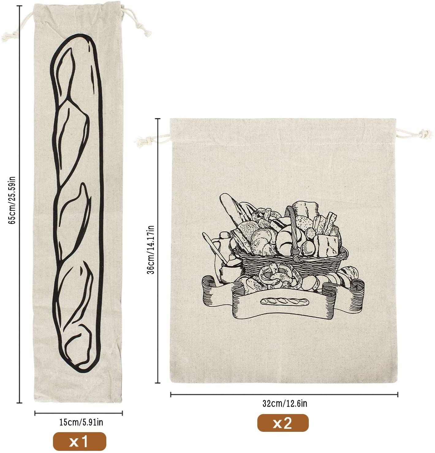 3 Leinen Brotbeutel Ungebleicht, 40x30cm - Wiederverwendbare Brotaufbewahrung Mit Kordelzug