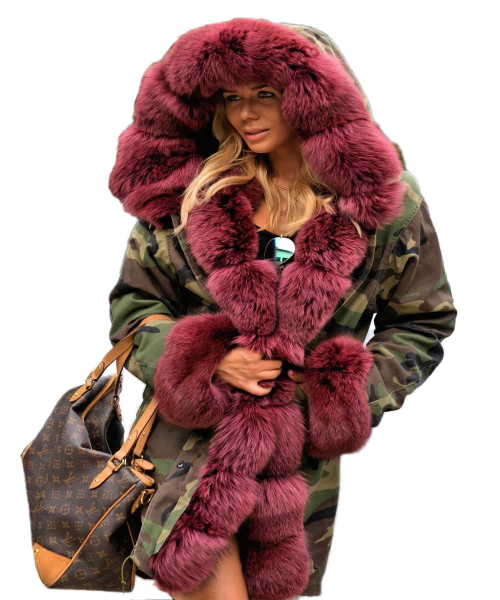 tiptupu Women's Faux Fur Lined Coat Hooded Warm Winter Outwear Thicken Jackets Parka Long Cardigan, Camo Wine, S