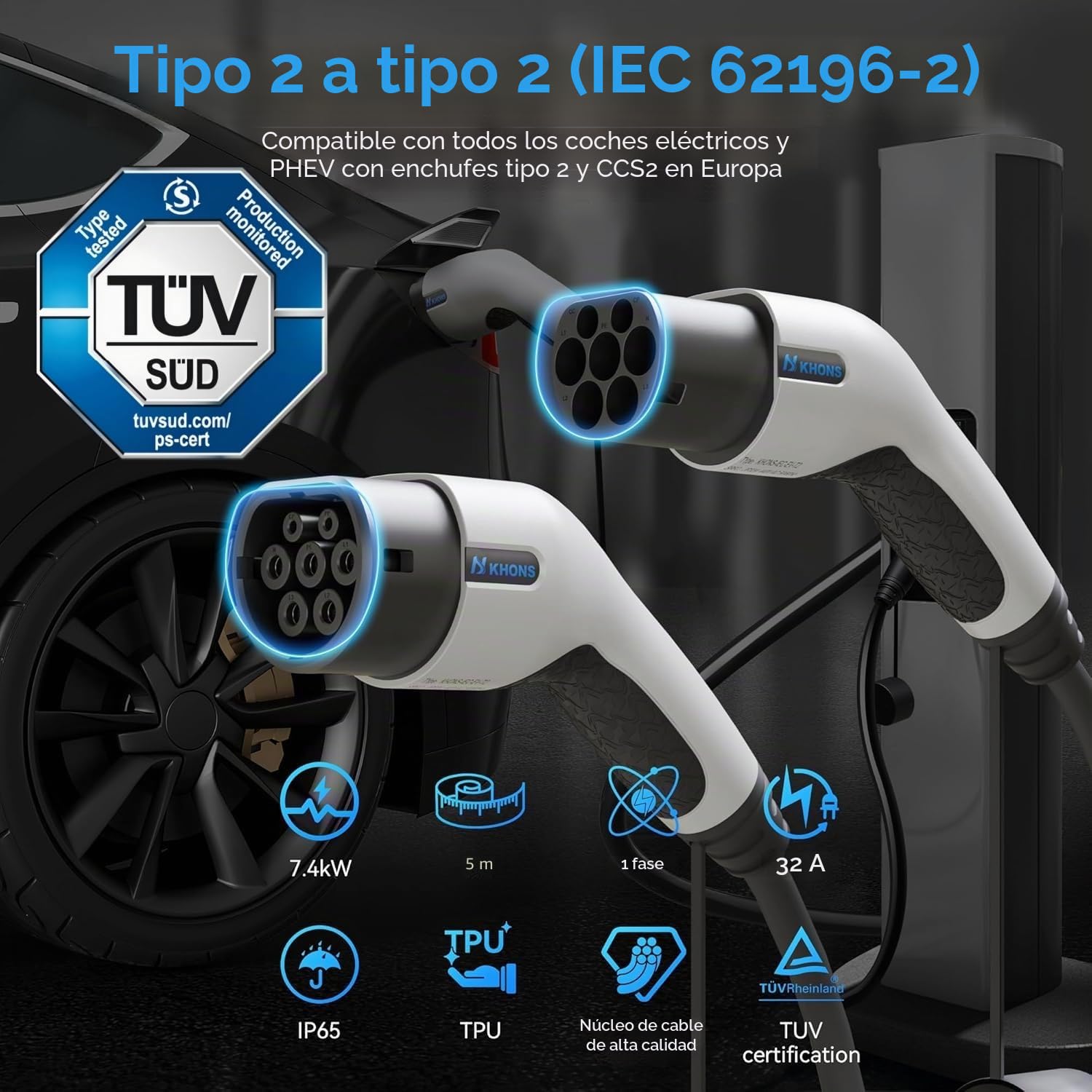 EV Cable de Carga Tipo 2-32A /7,4kW/Monofásico Cable Carga Coche Electrico para EV/PHEV Cable Tipo 2 Cargador Coche Electrico Compatible con Todos los Modelos Tipo 2/CCS2(Blanco)
