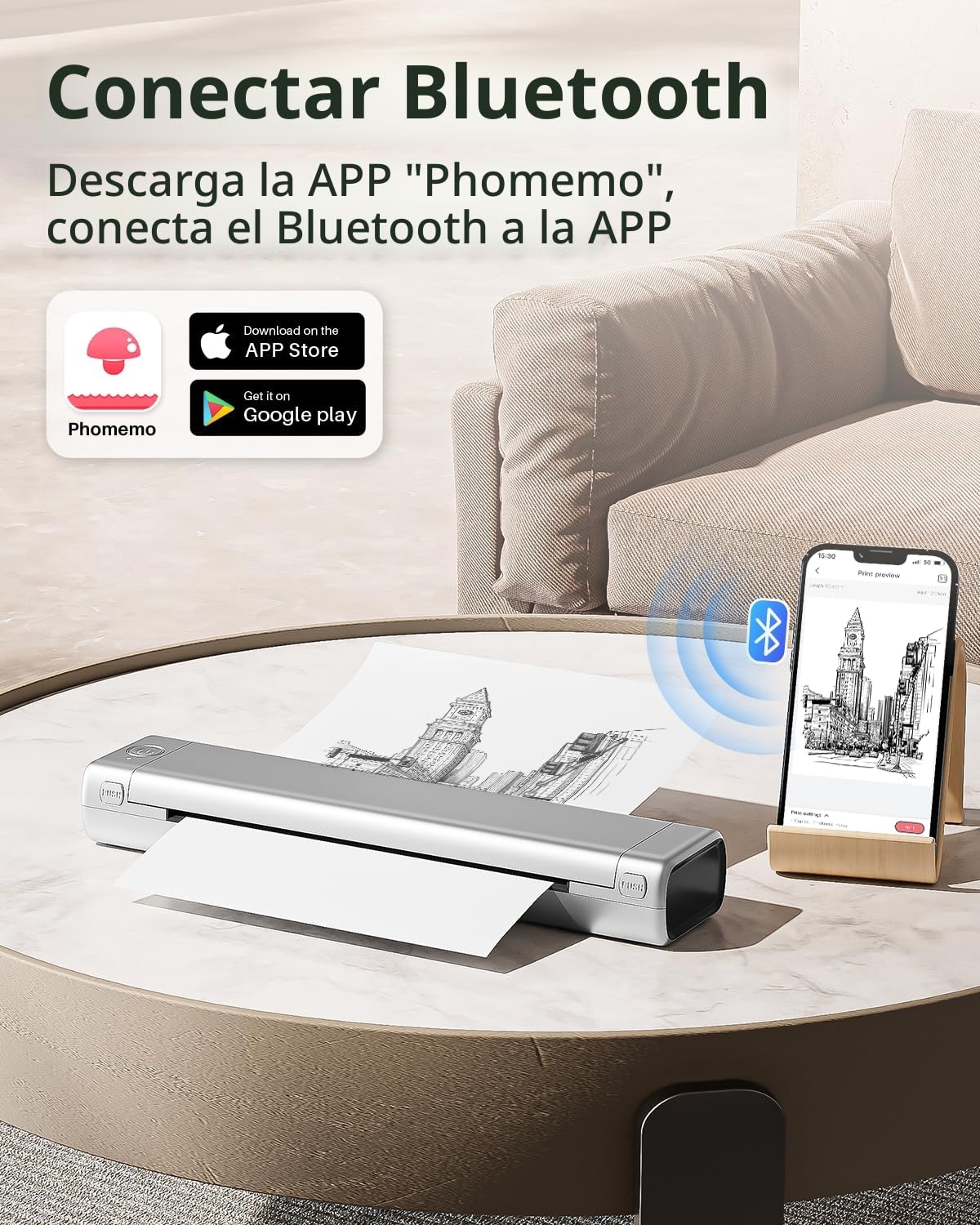 Phomemo Imprimante Portable A4 M08F Noir Argent avec 100 Feuilles de Papier Thermique A4 Plié, Imprimante Mobile Bluetooth sans Fil pour Voyages, Voiture, Bureau et Maison