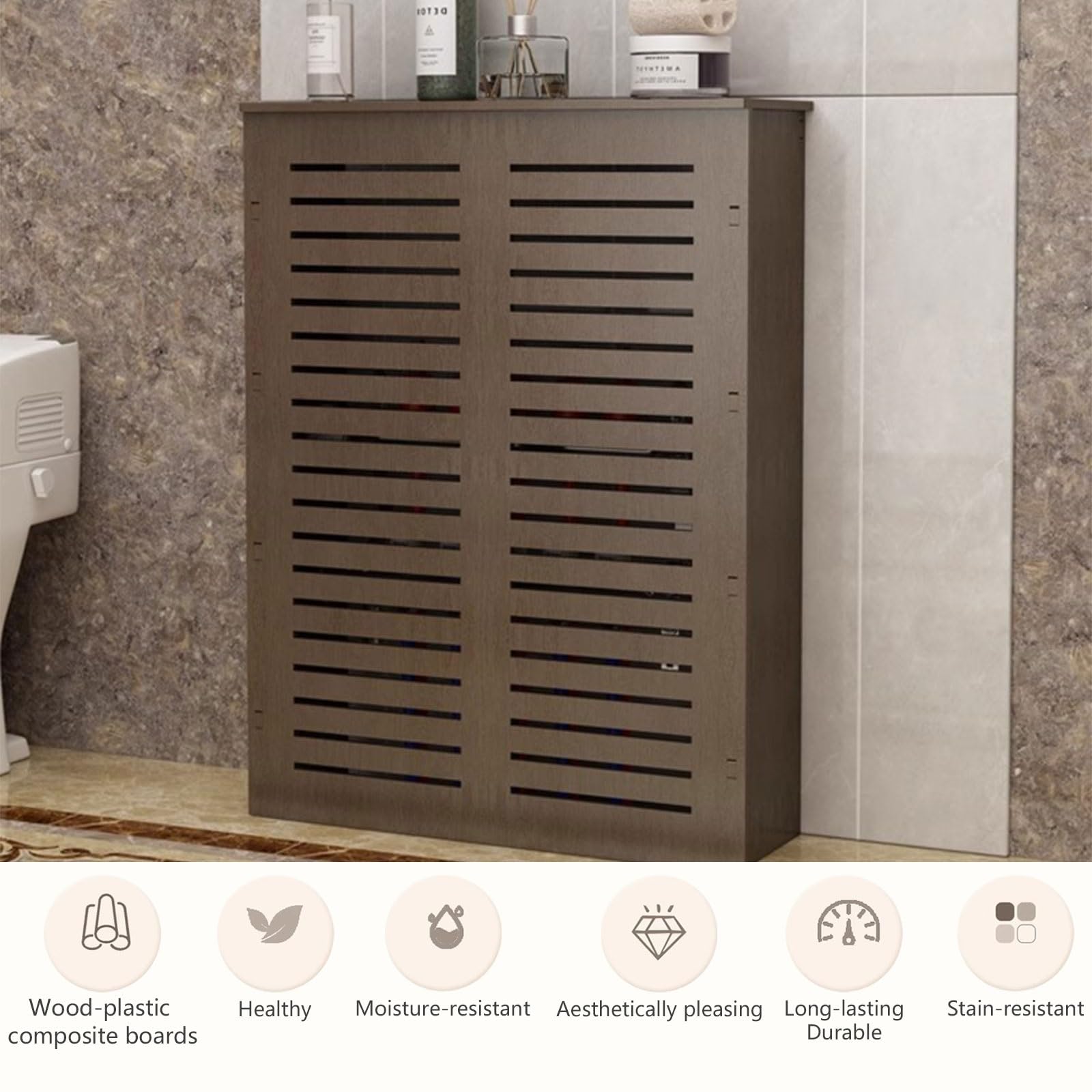 Armario de ocultación de radiador, PVC impermeable con chapa de grano de nogal, resistente a la humedad, dimensiones personalizables 70 x 70 x 15 cm para ocultar colectores de tuberías