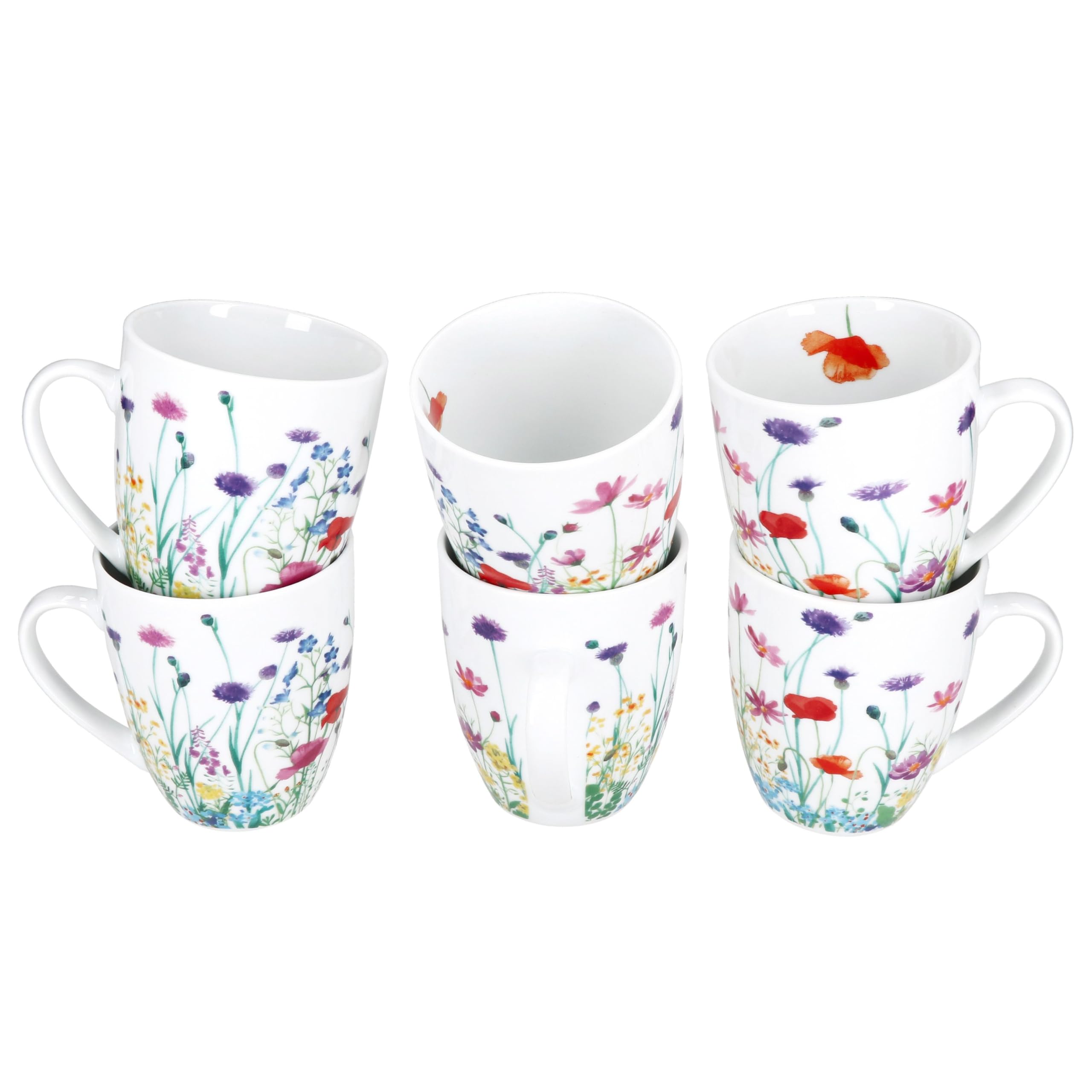 MamboCat Marie Lot de 6 tasses à café, 320 ml, en porcelaine, avec anse et prairie fleurie pour 6 personnes, pour boissons chaudes comme le thé, le cacao, etc