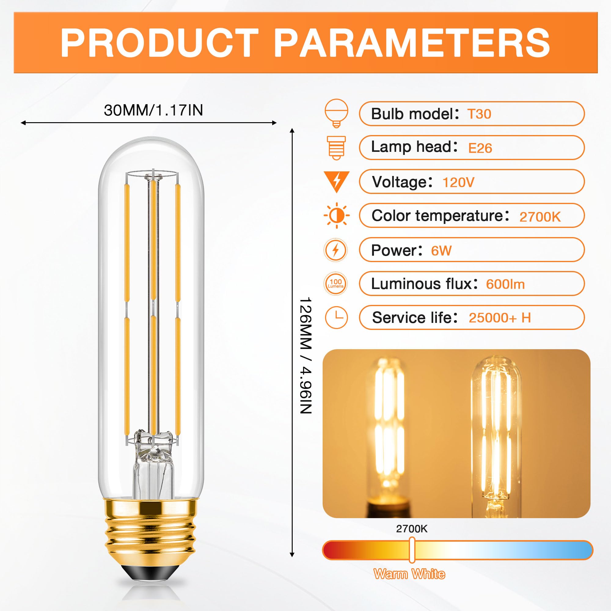 ToBeGreat T30 LED Light Bulbs 6 Watt Equivalent 60W E26 Tubular Bulbs T10 Edison LED Filament Bulb Warm — view 2