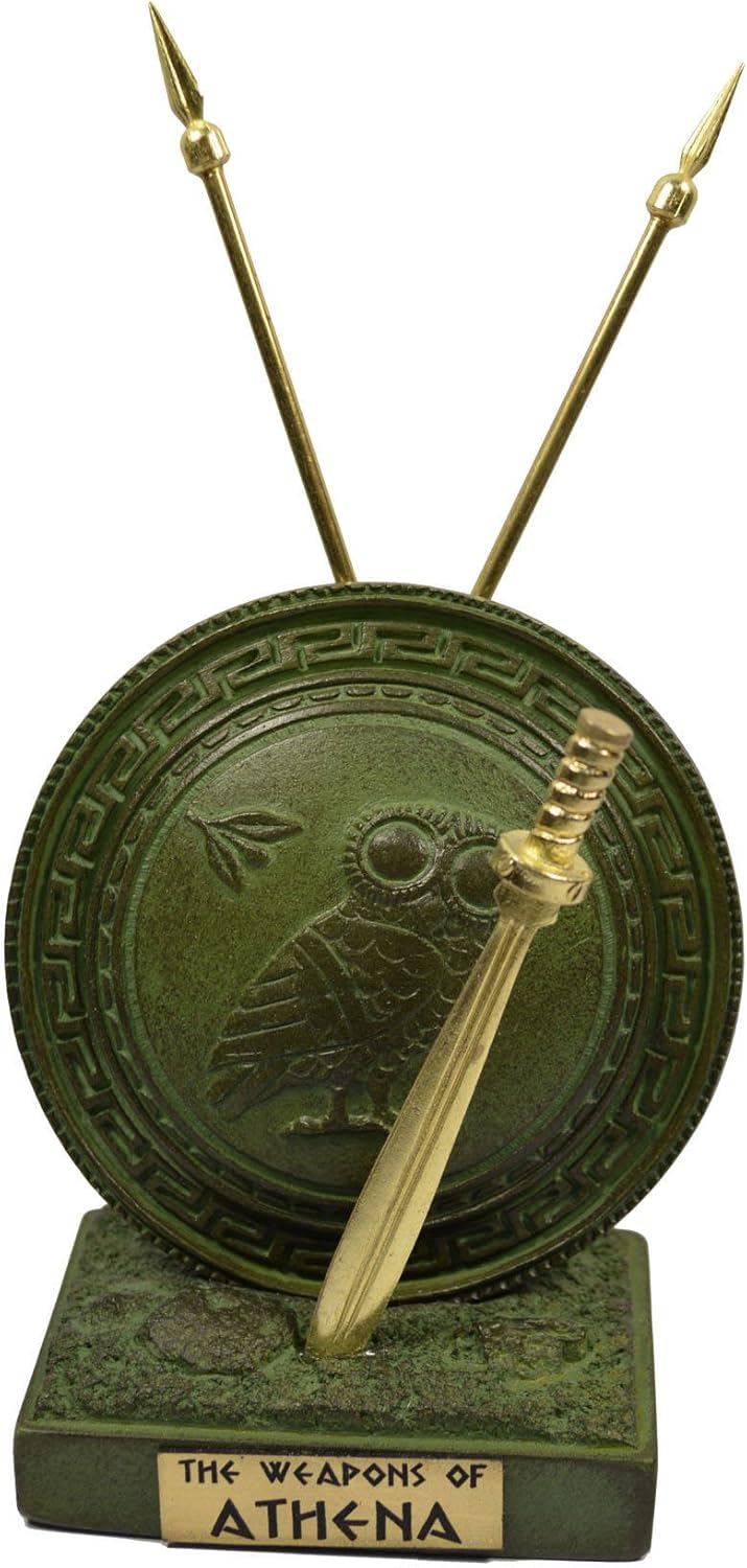 Estia Creations Athena Sculpture Weapon Alabaster Set with Owl Shield