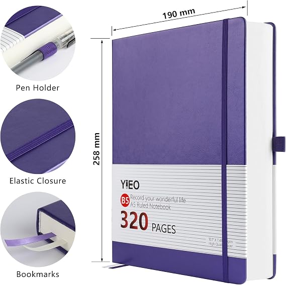 B5 Notebook Lined, 320 Pages Large B5 Note Book Notepad, 100gsm Thick Lined Paper, Hardcover Leather College Ruled Journal Notebook for Men Work Writing, Inner Pocket, 19 x 25 cm-Purple