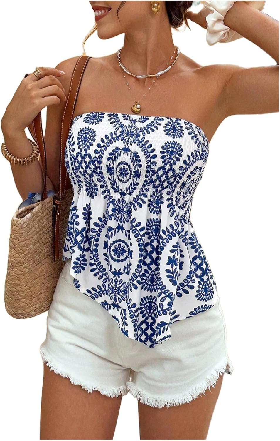 MakeMeChic Women's Boho Tops Strapless Ruffle Hem Going Out Tops Summer Vacation T Shirts