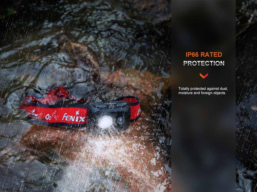 fenix HL16 - Linterna frontal multiusos ligera negra | 450 lúmenes | 104 m | 100 horas máx. | Alimentado por AAA | Modo de luz roja | Función SOS | IP66