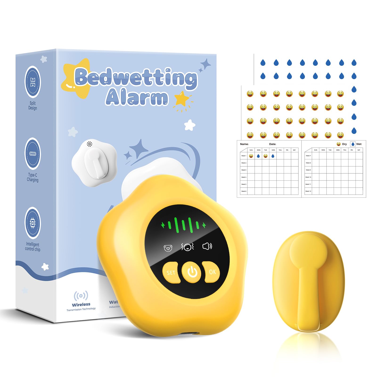 Allarme enuresi wireless, USB ricaricabile, vasino con suono e vibrazione, giallo, per bambini e adulti, con sensore di umidità enure