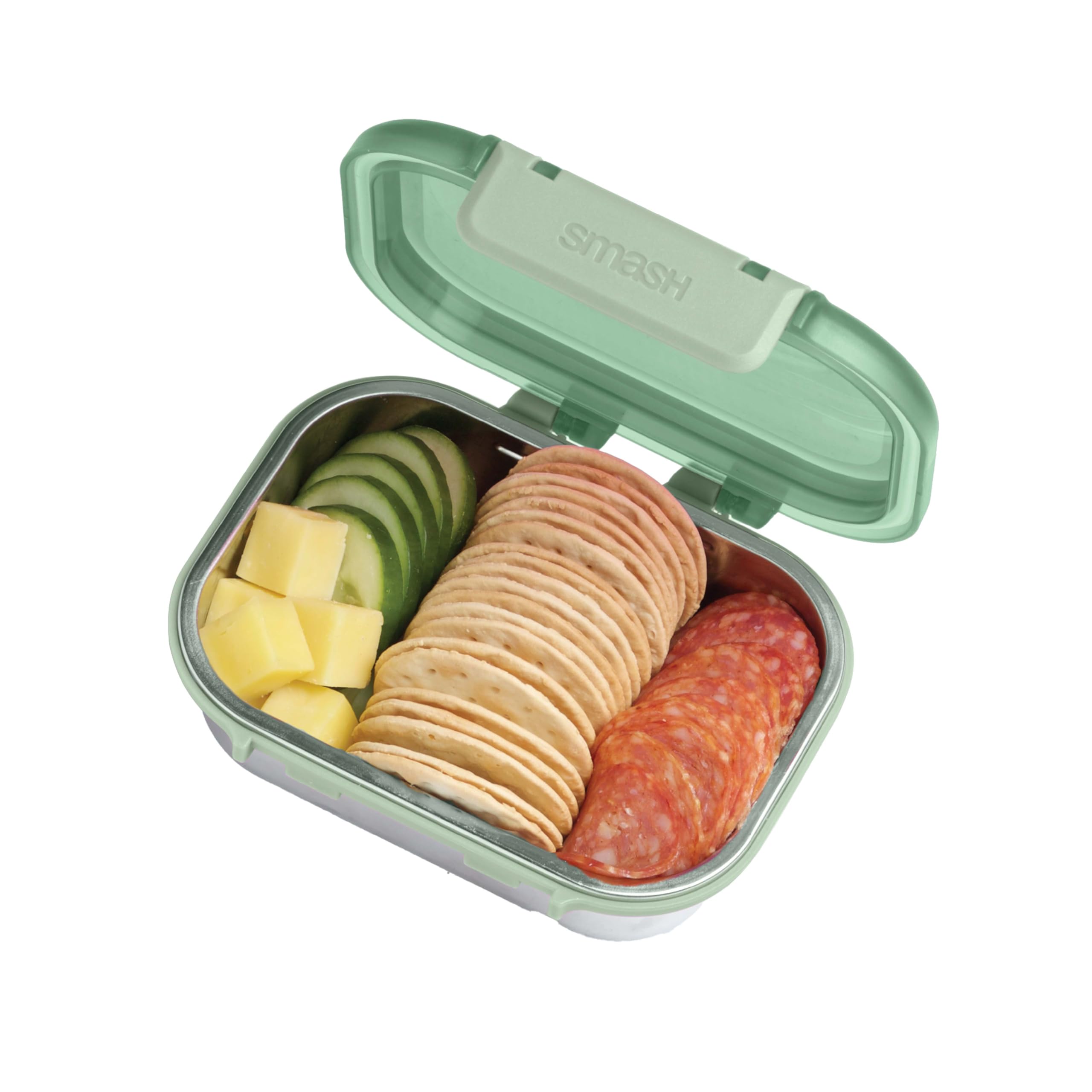 Smash 550ml/19 oz Microwave Safe Stainless Steel Snack Box with Green Hinged Lid - Leak-Proof Clip Closure, Silicone Seal, BPA Free