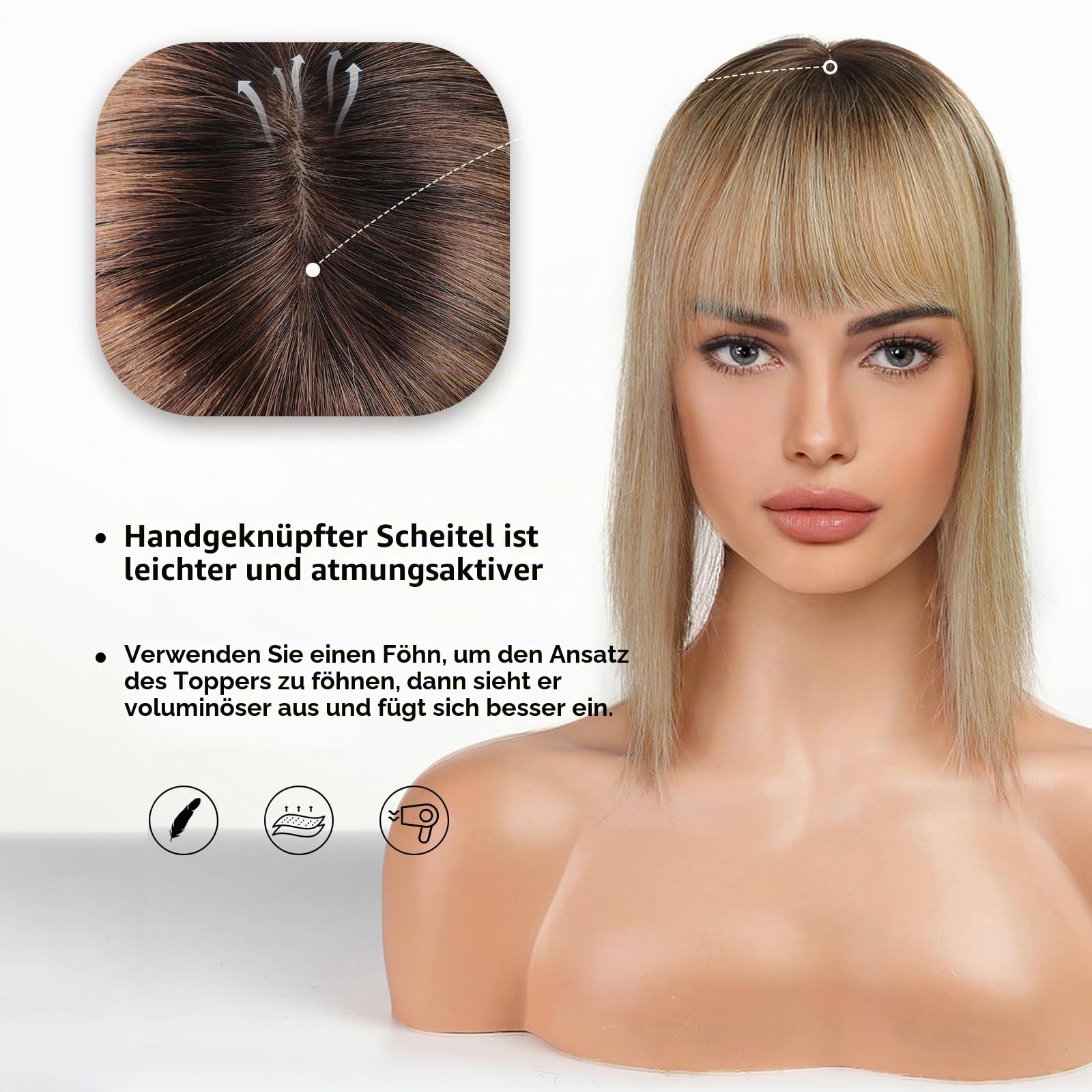 HAIRCUBE Haartopper echtes Menschenhaar für Frauen Ombre T2-#6/#613 Haartopper mit Pony 120% Dichte Seide Basisclip in Topper 14 Zoll 40 Gramm