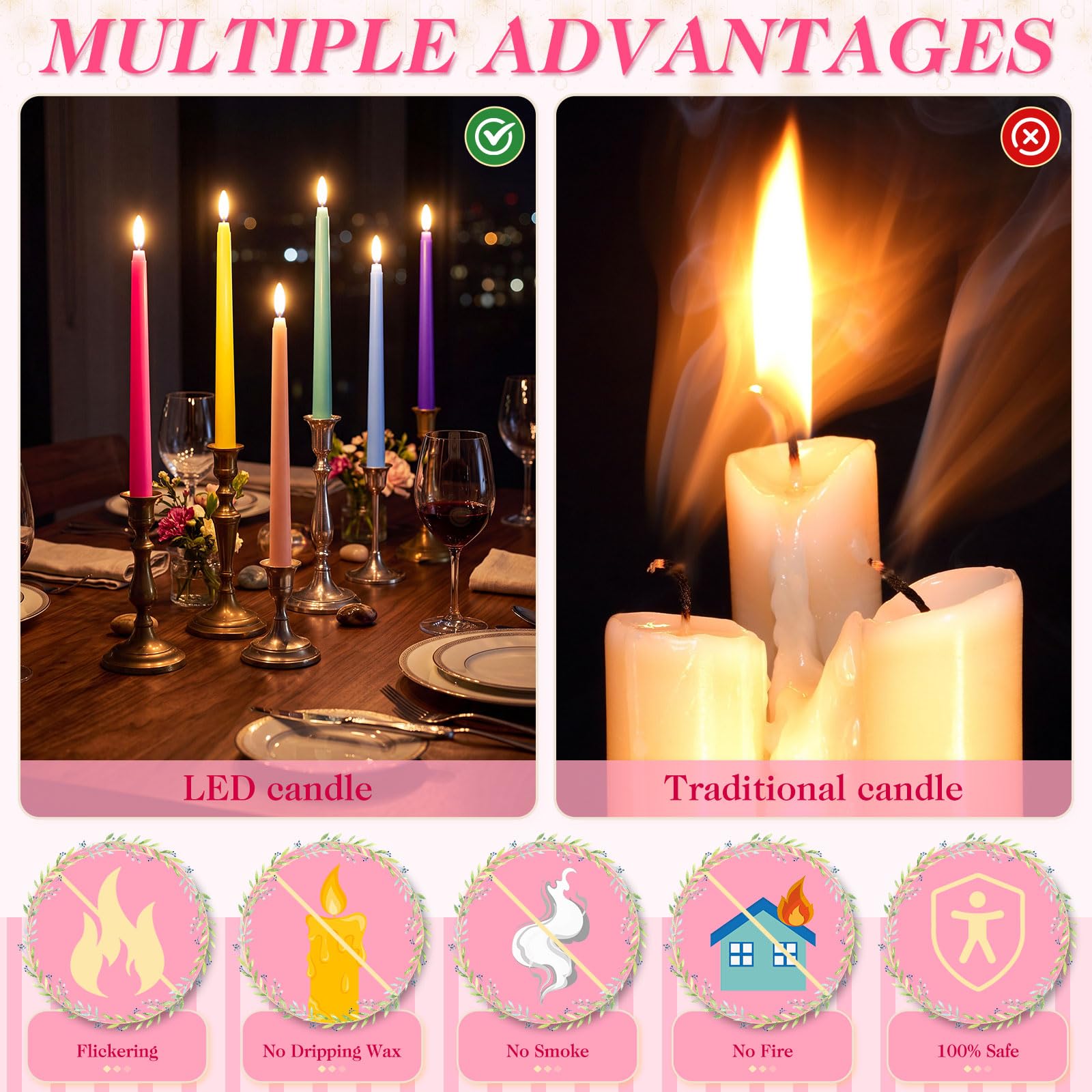 Baquler Candele coniche senza fiamma, 24 pezzi, 28,9 cm, a batteria, in plastica, a LED, sfumate, tremolanti, per matrimoni, chiesa, cene, casa, Natale, decorazione per feste