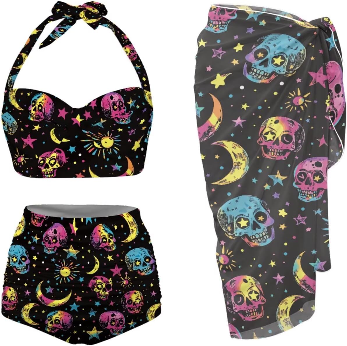 Skull Print Swimsuit Bikini Set for Women with Swim Cover up Wrap Sarong Bathing Suit Beach Outfit