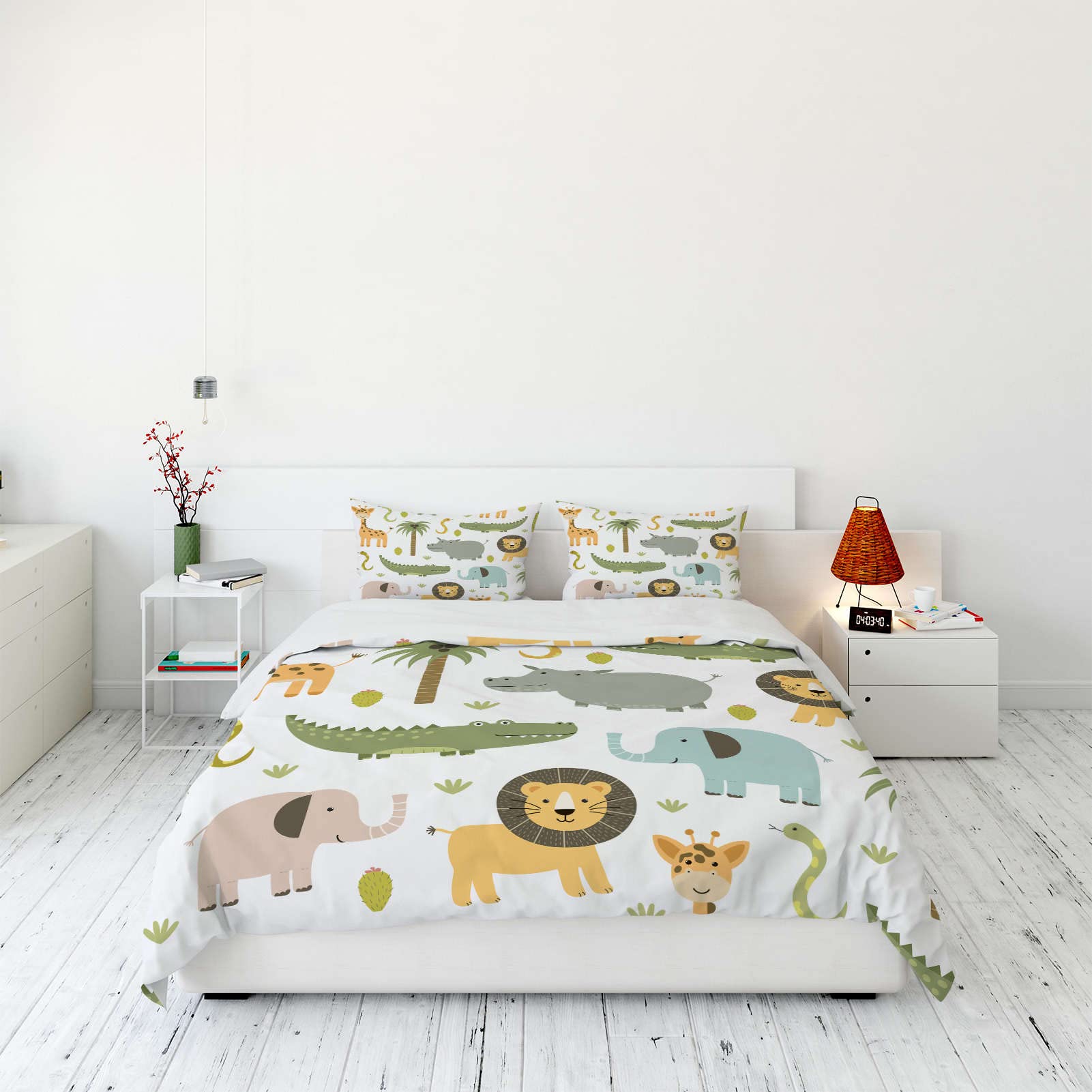 YUANZU Animal Bedding Set Double for Kids Nursery Baby Duvet Cover Set 3 Pieces Hippo Lion Elephant Giraffe Woodland Printed Microfiber Quilt Cover with Zipper Closure (200 x 200 cm & 2Pillowcase) โ image 1