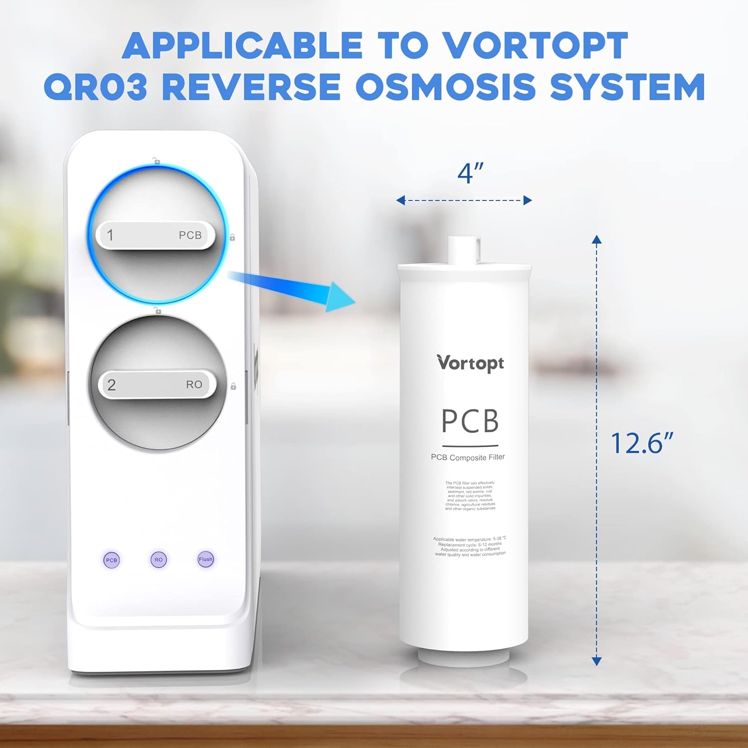 Vortopt QR03 Reverse Osmosis System with PCB filter highlighted and dimensions
