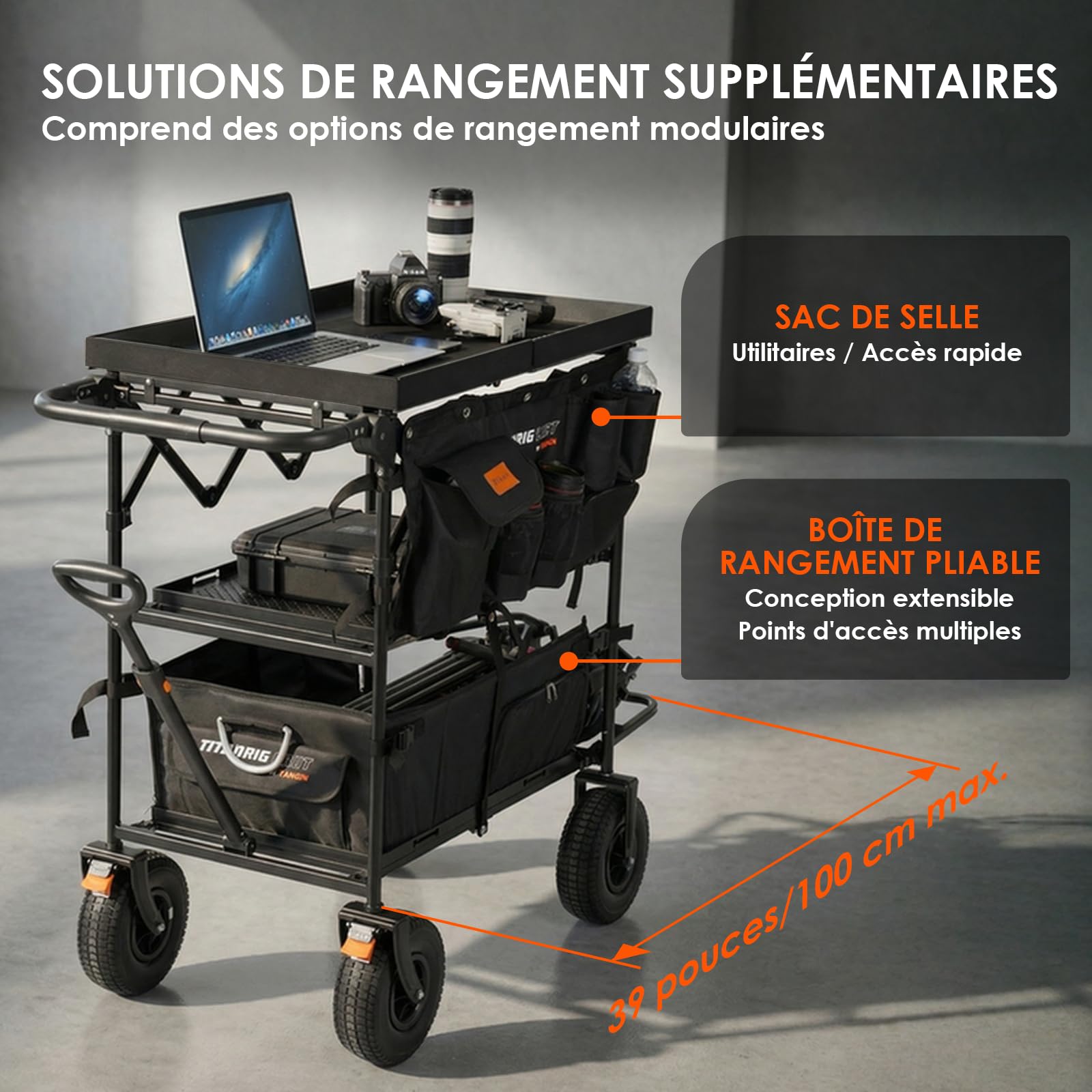 TARION Chariot de Production Vidéo pour Caméra - Chariot Pliable pour photographes, capacité de Charge Lourde 200 kg, avec Sacoche de Selle, bac de Rangement Pliable et Trois étagères