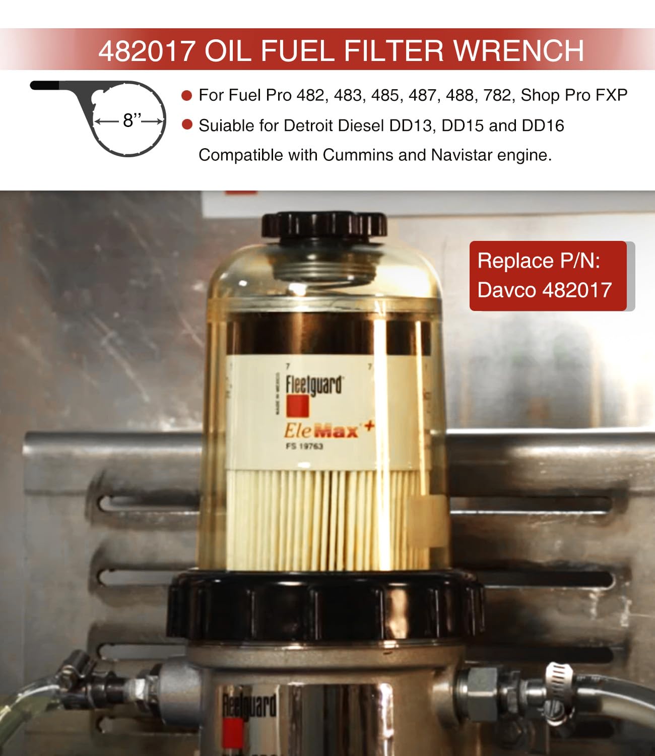 sixcow Clé à filtre à carburant de 15,2 cm et 20,3 cm pour filtre à carburant 380134 382 & 482 483 782 compatible avec moteurs diesel Detroit, Navistar moteurs diesel DD13, DD15 et DD16