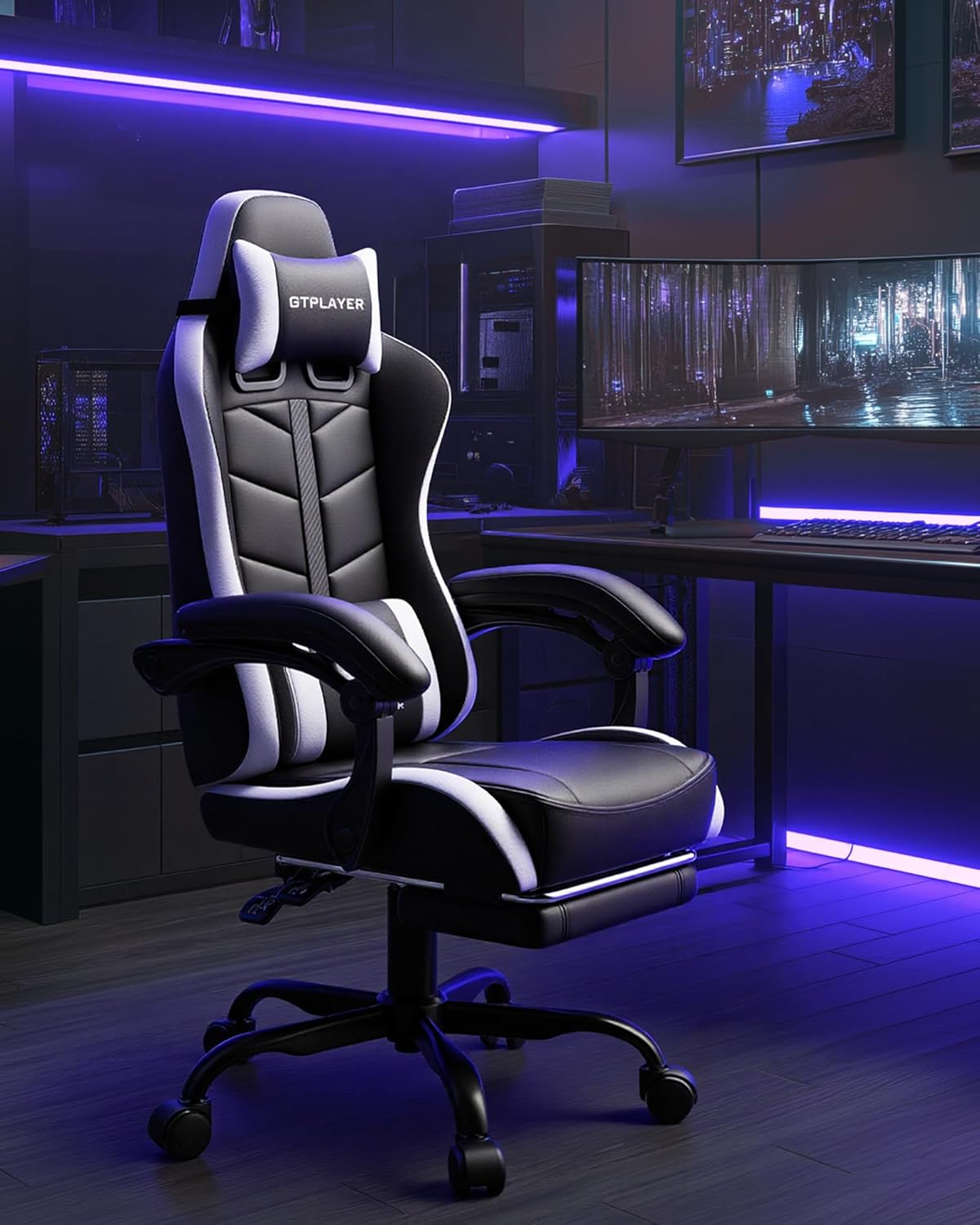 GTPLAYER Gaming Chair for Adults, Ergonomic Computer Gaming Chair with Footrest, Height Adjustable, 90-155° Recline & Removable Headrest Lumbar Support, Snow White