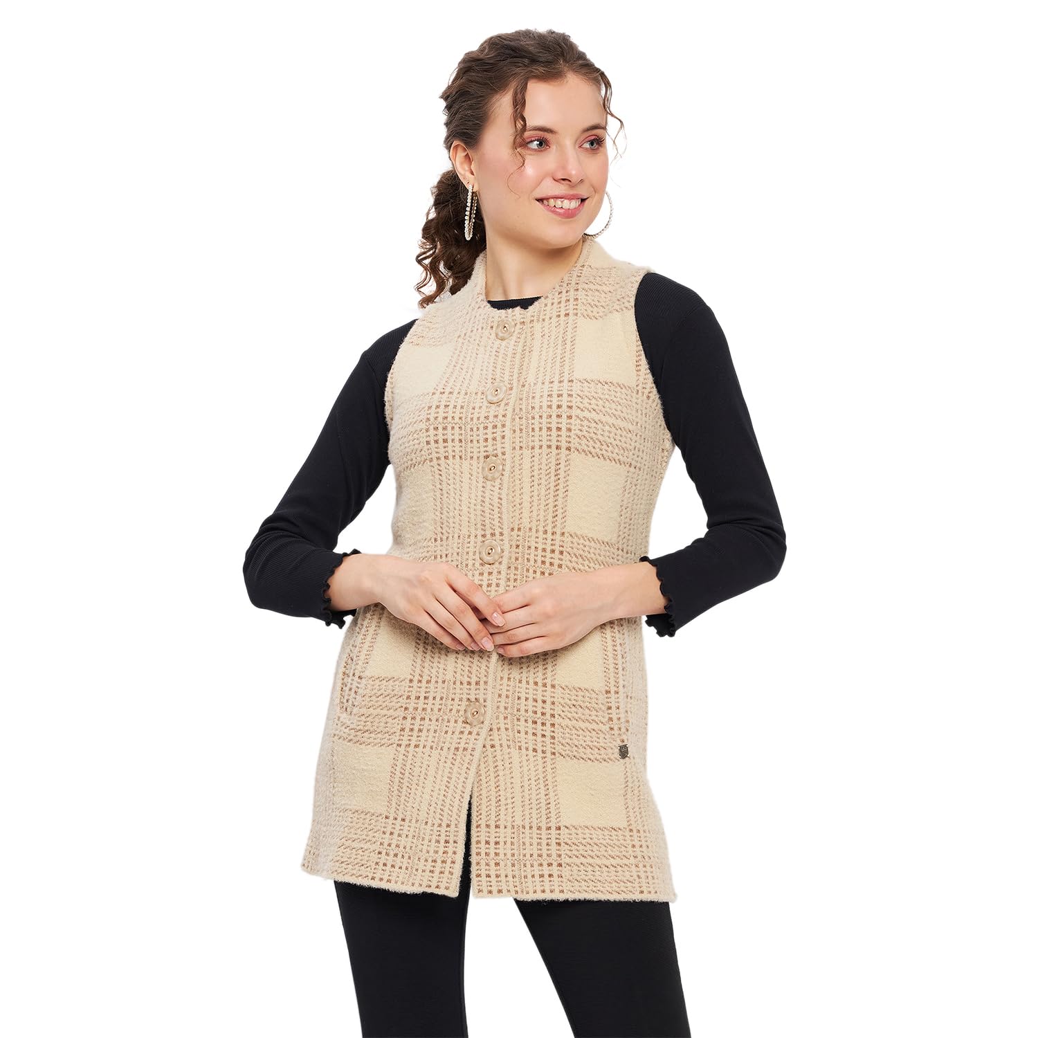 Stardust Women Sleeveless Self Design Cardigan (LQS9783_Camel_M)-image-27