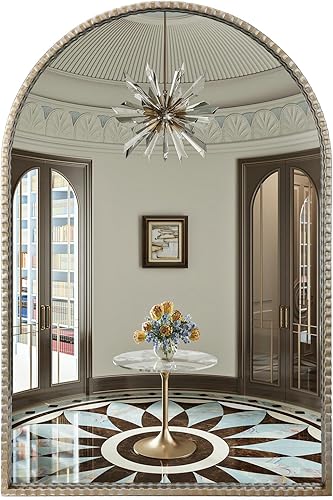Espejo de arco plateado antiguo de 24 x 36 pulgadas, espejo de pared de granja con marco de metal envejecido retro para baño, sala de estar, entrada