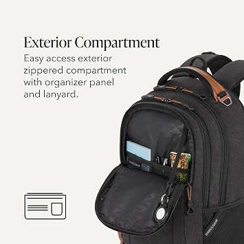 SWISSGEAR Cecil Laptop Backpack, Fits Most 16-Inch Laptops, Three-Compartment Design, Airflow Back Panel, Black, 27.3L, 18-Inch
