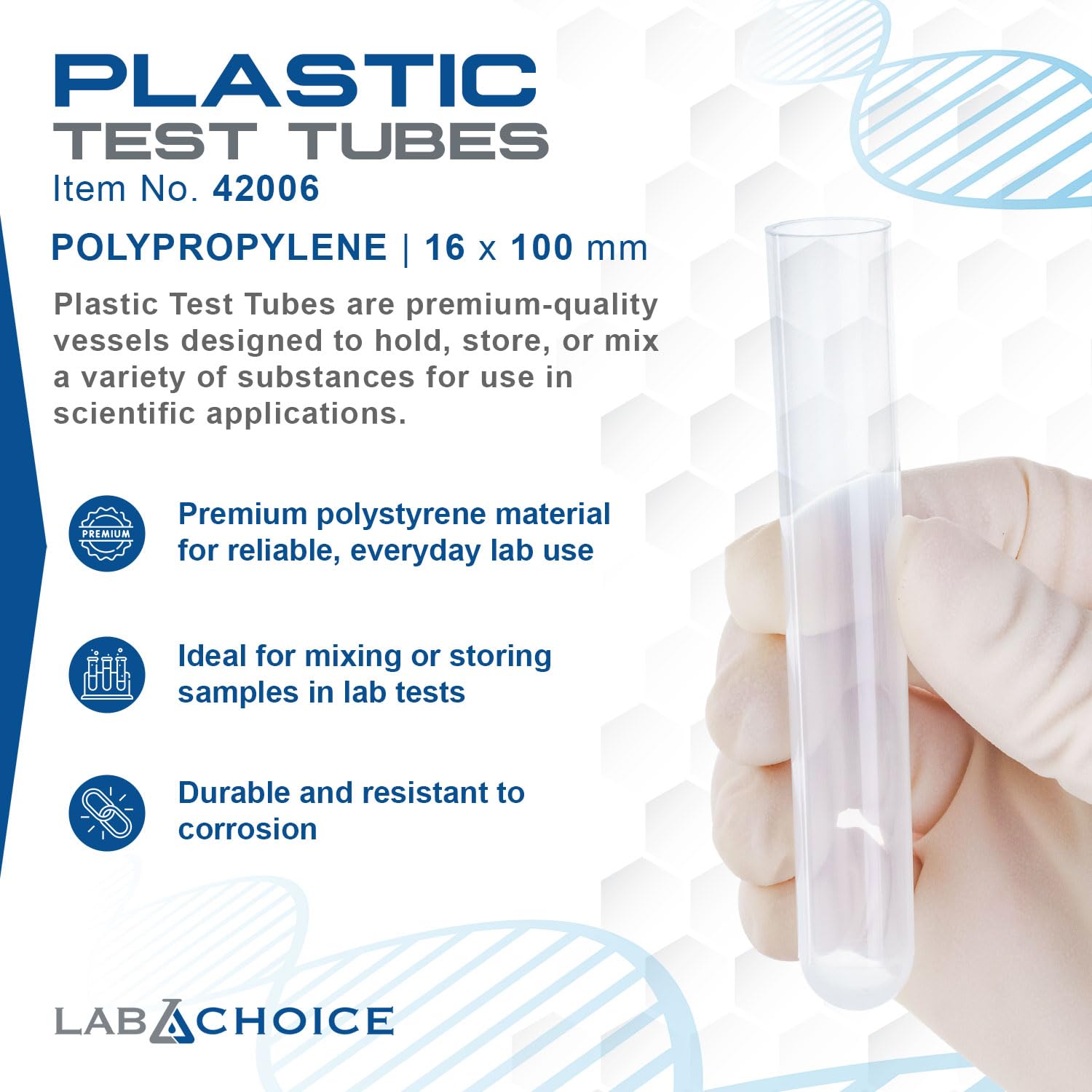 LabChoice Plastic Test Tubes - 500 Count, 16x100mm Polypropylene Test Tube for Centrifugation & Testing - Clear PP Material - Lab Equipment and Supplies