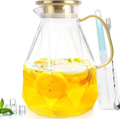 Yirilan Jarra de vidrio, jarra de agua de 3 litros con tapa, jarra de té helado para refrigerador, jarra de agua de vidrio con tapa, jarra de agua