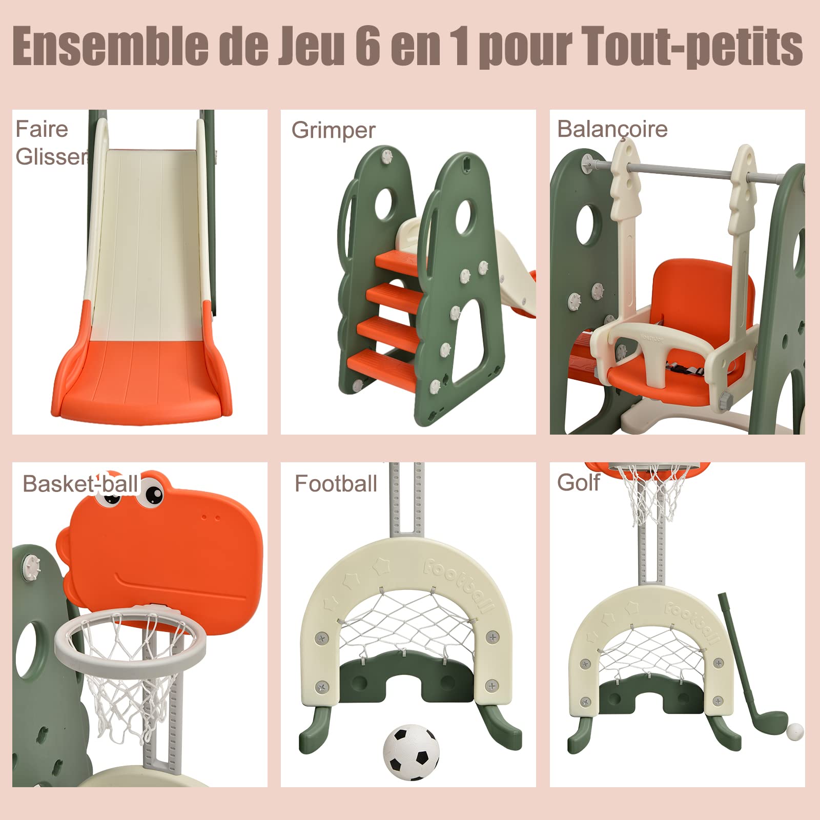 GOPLUS - Juego de tobogán y columpio 6 en 1, con cesta de baloncesto, altura ajustable, fútbol y golf, diseño de dinosaurio, para 3-8 años, escalada para interior y exterior (Dinosaurio naranja)