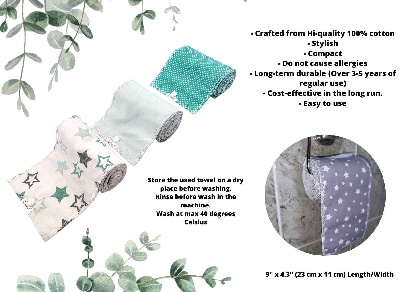 Lilind® Wiederverwendbares Toilettenpapier, 30 Stück, waschbar, ohne Papierhandtücher, Familientuch, biologisch, ohne Abfall, Grün
