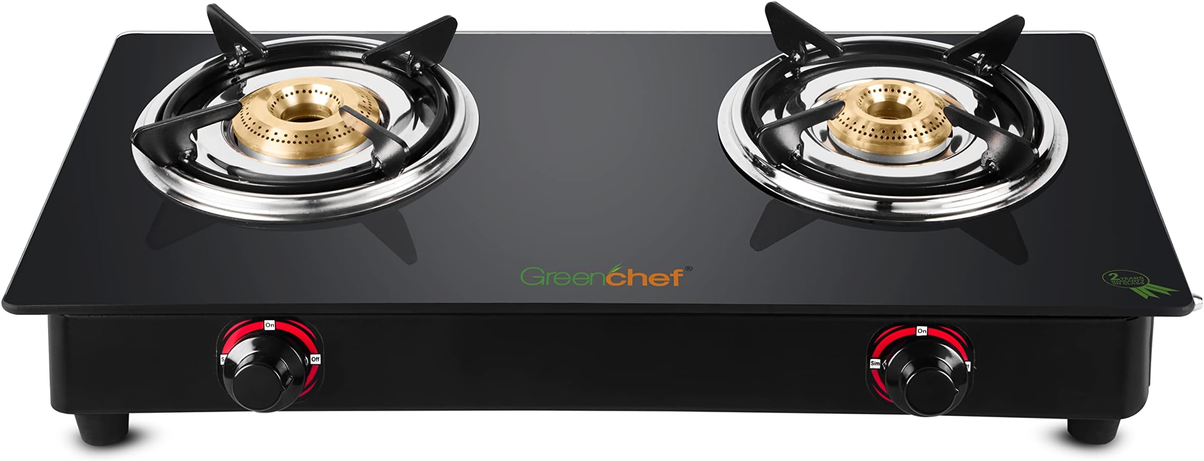 GREENCHEF Ebony Mild Steel - Powder Coated Manual 2 Burner Glass Top Gas Stove (Black)