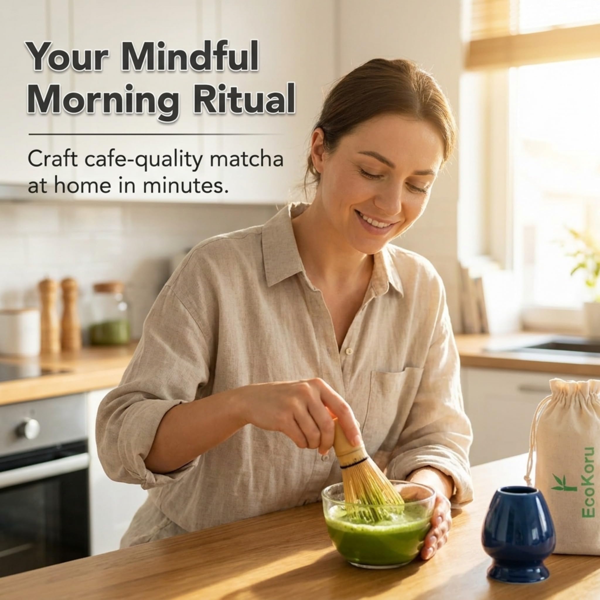 Set Té Matcha | Kit Tradicional 4 Piezas con Batidor de Bambú Natural (100 Puntas), Soporte Cerámico Azul Marino, Chashaku, Espátula y Bolsa de Lino Ecológica