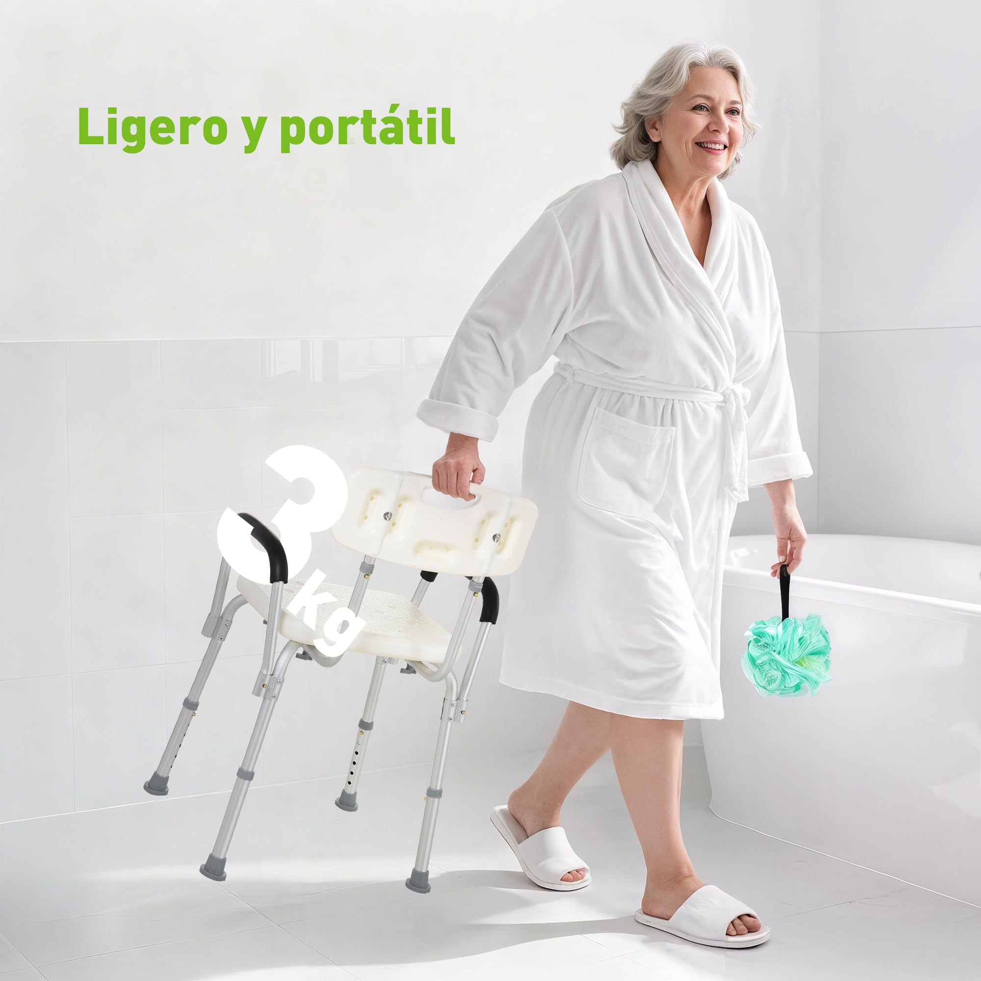 HOMCOM Silla Ducha Personas Mayores Taburete de Ducha Silla para Ducha con Respaldo Altura Regulable Antideslizante y Apoyabrazos Carga 136 kg Ayuda para Baño para Ancianos y Discapacitados