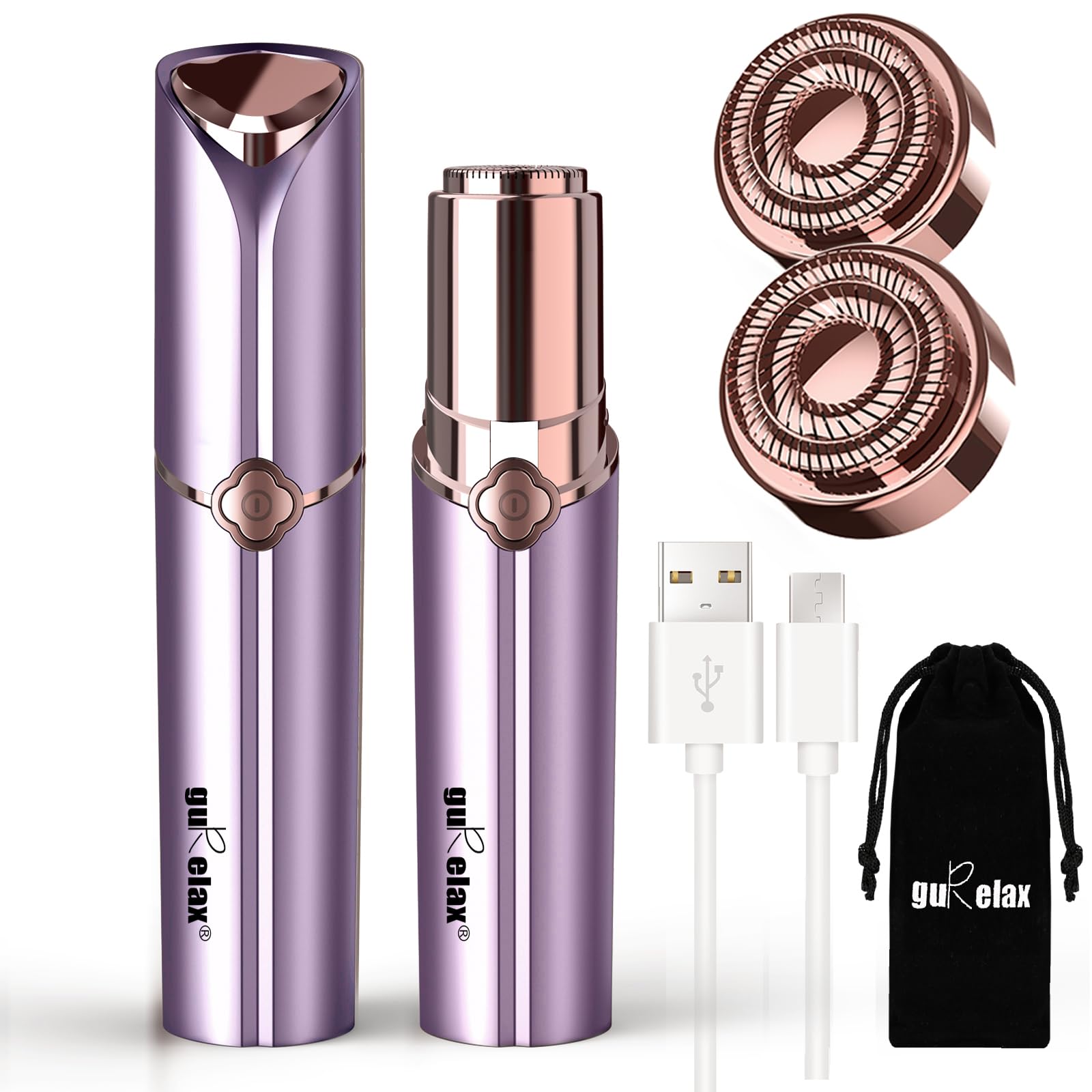 Gurelax Facial Hair Remover for Women, Painless Female Facial Hair Shaver Rechargeable, 2 x Replacement Heads Included, The Best Lady Face Electric Razor for Lip, Chin, Arms